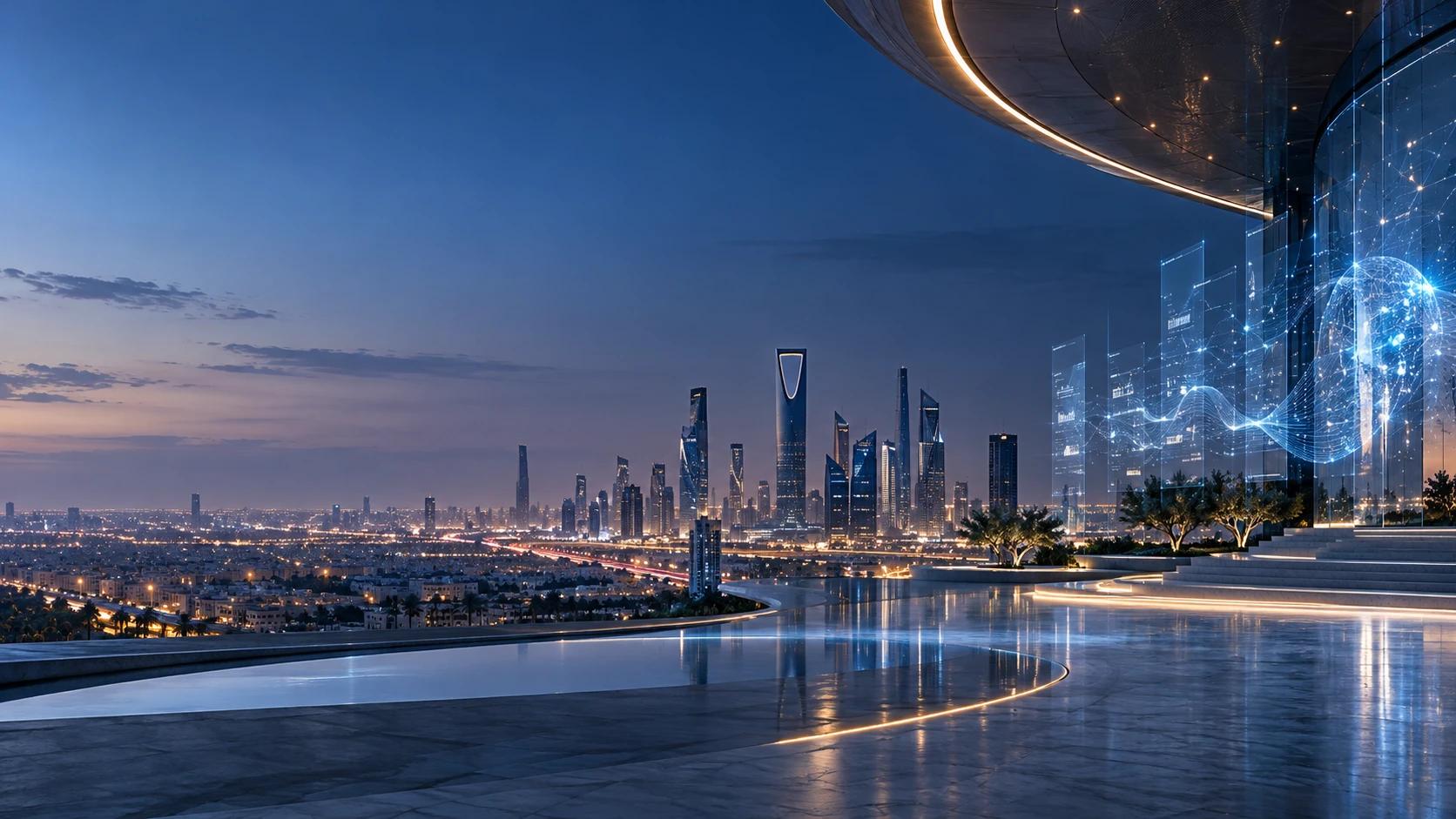 A terrace overlooking Riyadh at dusk, with luminous data panels rising beside a modern building.