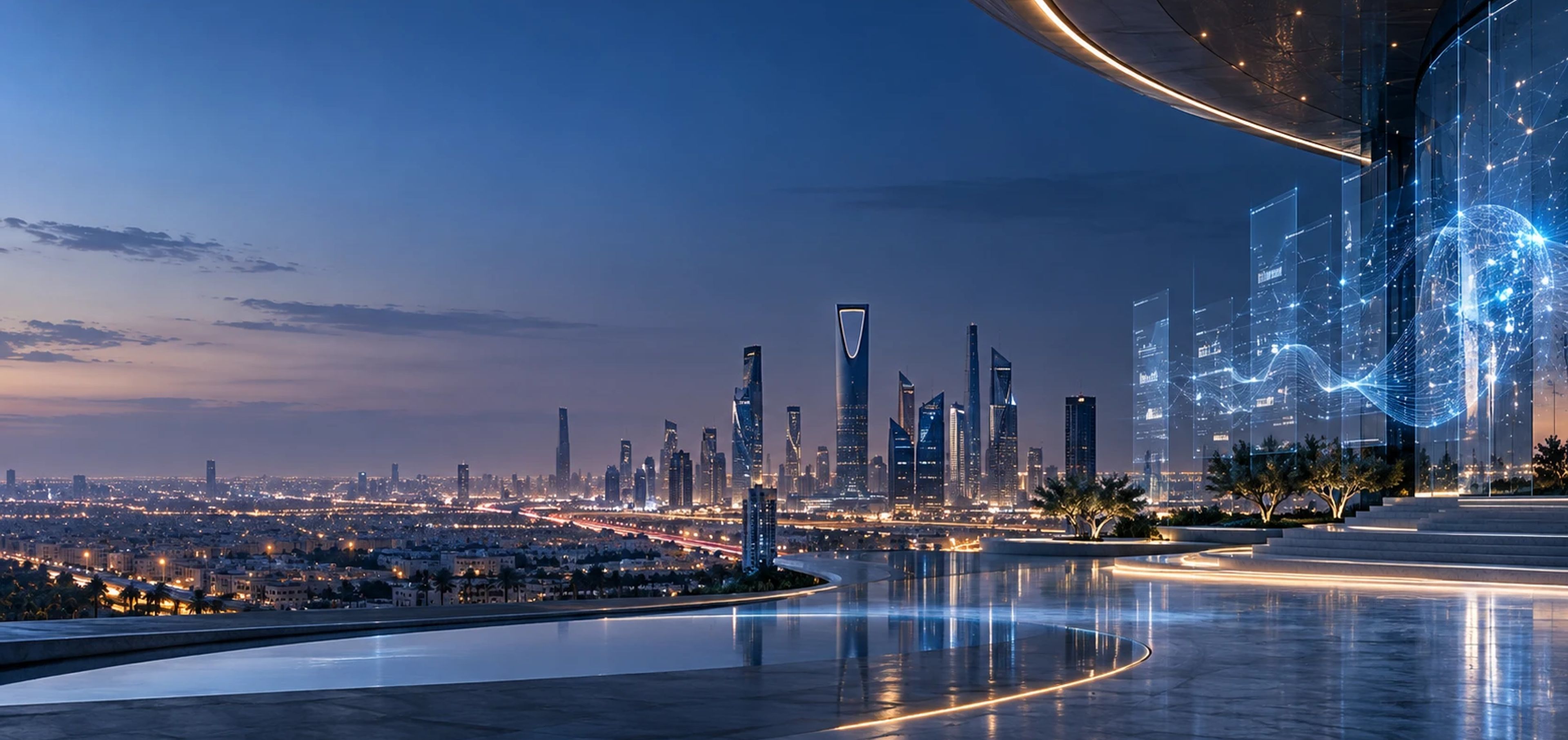 A terrace overlooking Riyadh at dusk, with luminous data panels rising beside a modern building.