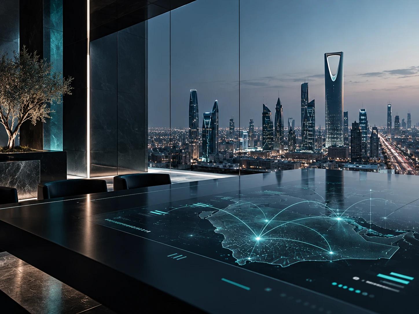 A dark executive room overlooking the Riyadh skyline, with a digital map of Saudi Arabia and the region glowing on the table.