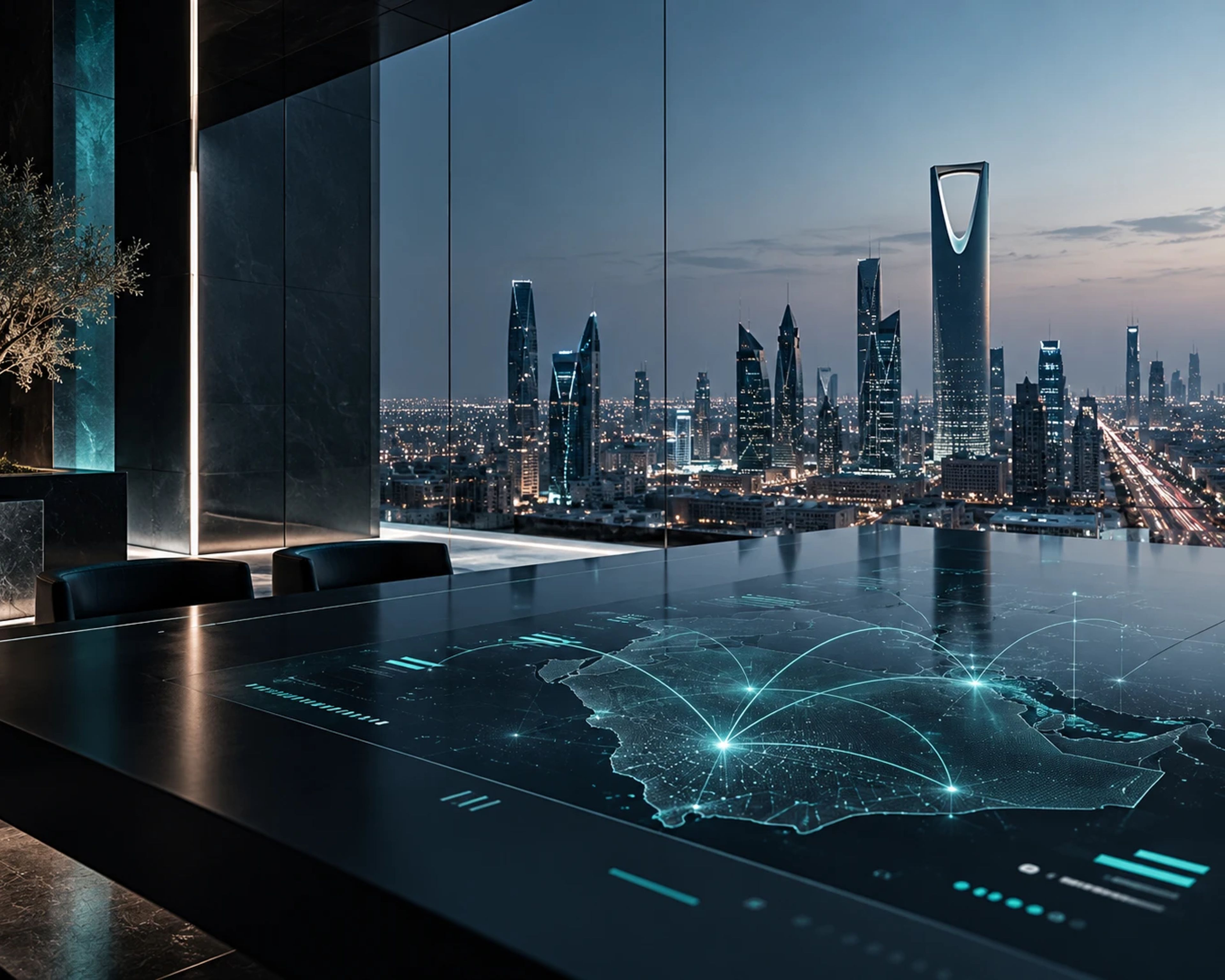 A dark executive room overlooking the Riyadh skyline, with a digital map of Saudi Arabia and the region glowing on the table.