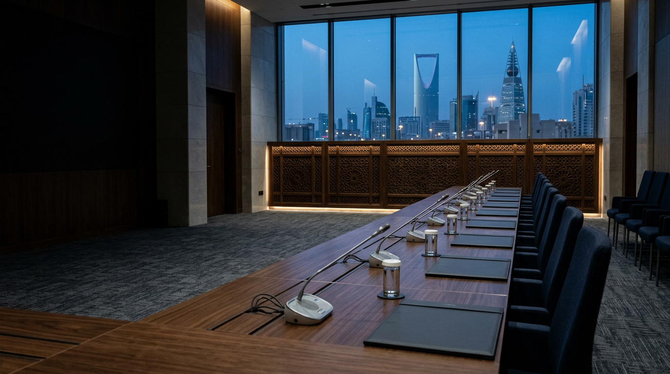 An empty ministerial briefing room in Riyadh at dusk, a long table set with desk microphones and folders beneath carved geometric screens.