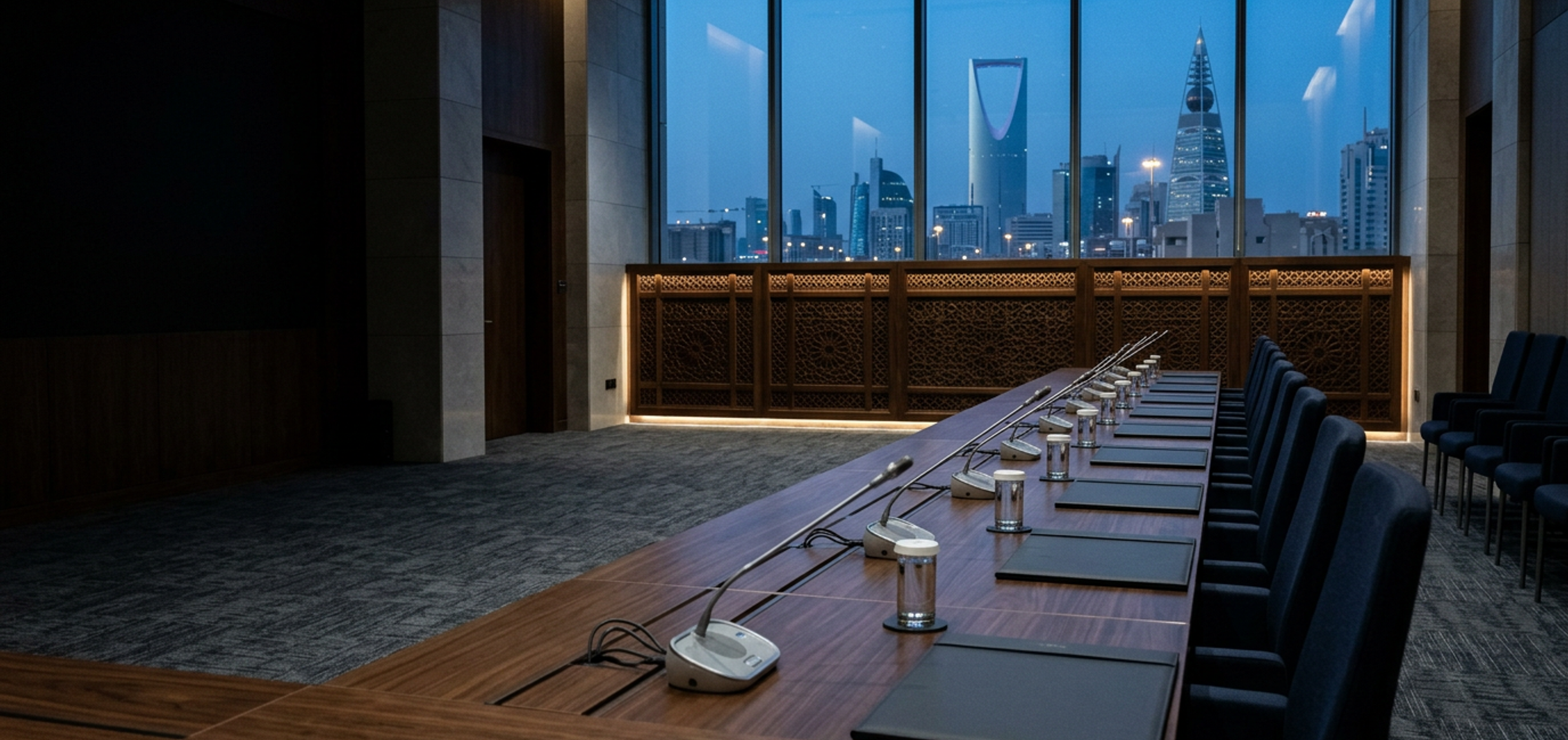 An empty ministerial briefing room in Riyadh at dusk, a long table set with desk microphones and folders beneath carved geometric screens.