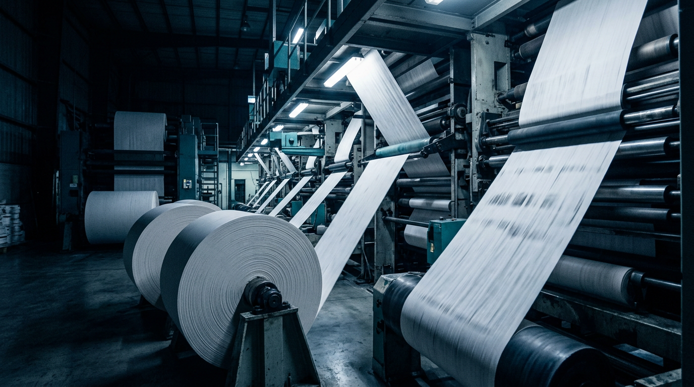 Ribbons of blank newsprint running through the rollers of a printing press under cool industrial light.