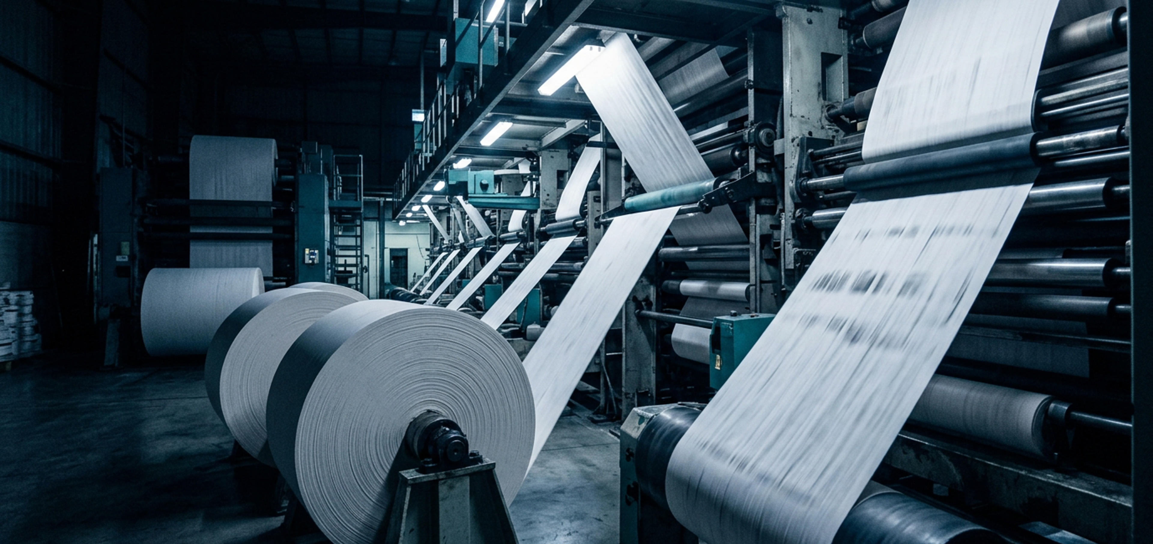 Ribbons of blank newsprint running through the rollers of a printing press under cool industrial light.