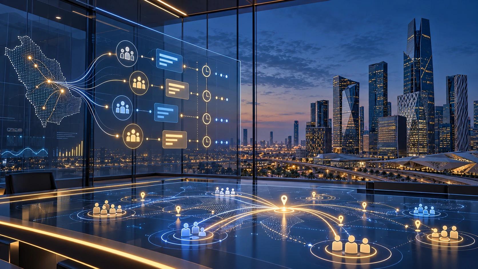 A digital display linking audience groups to messages and timings, set against Riyadh’s skyline at night.