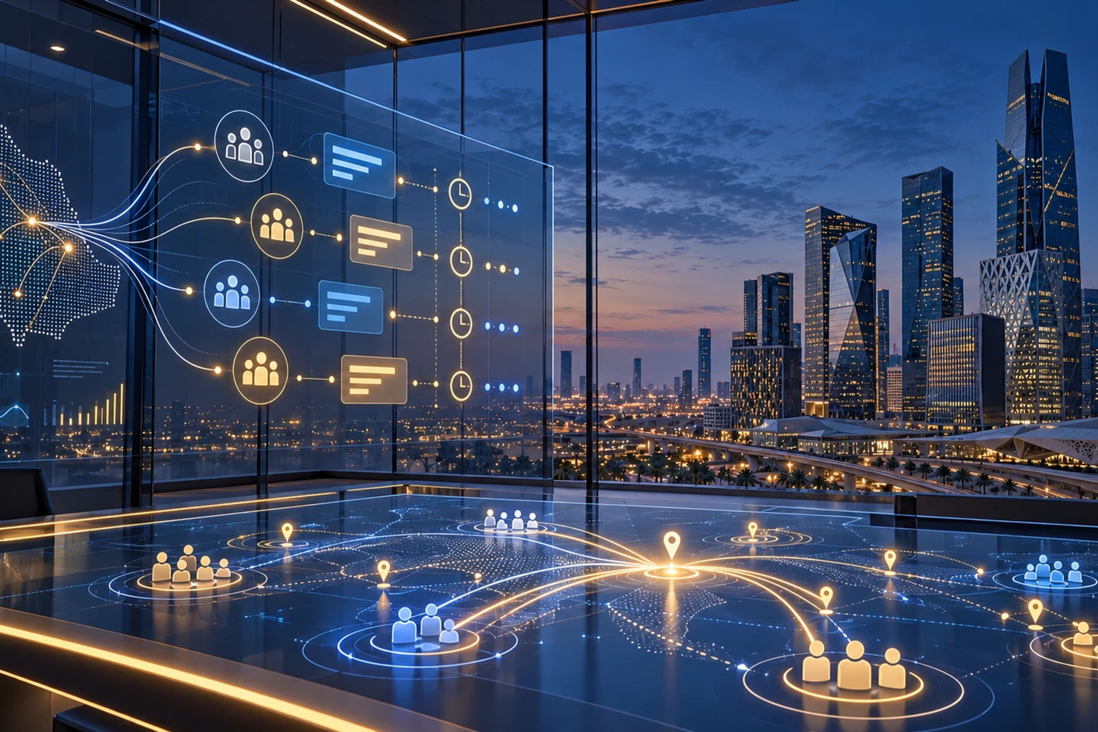 A digital display linking audience groups to messages and timings, set against Riyadh’s skyline at night.