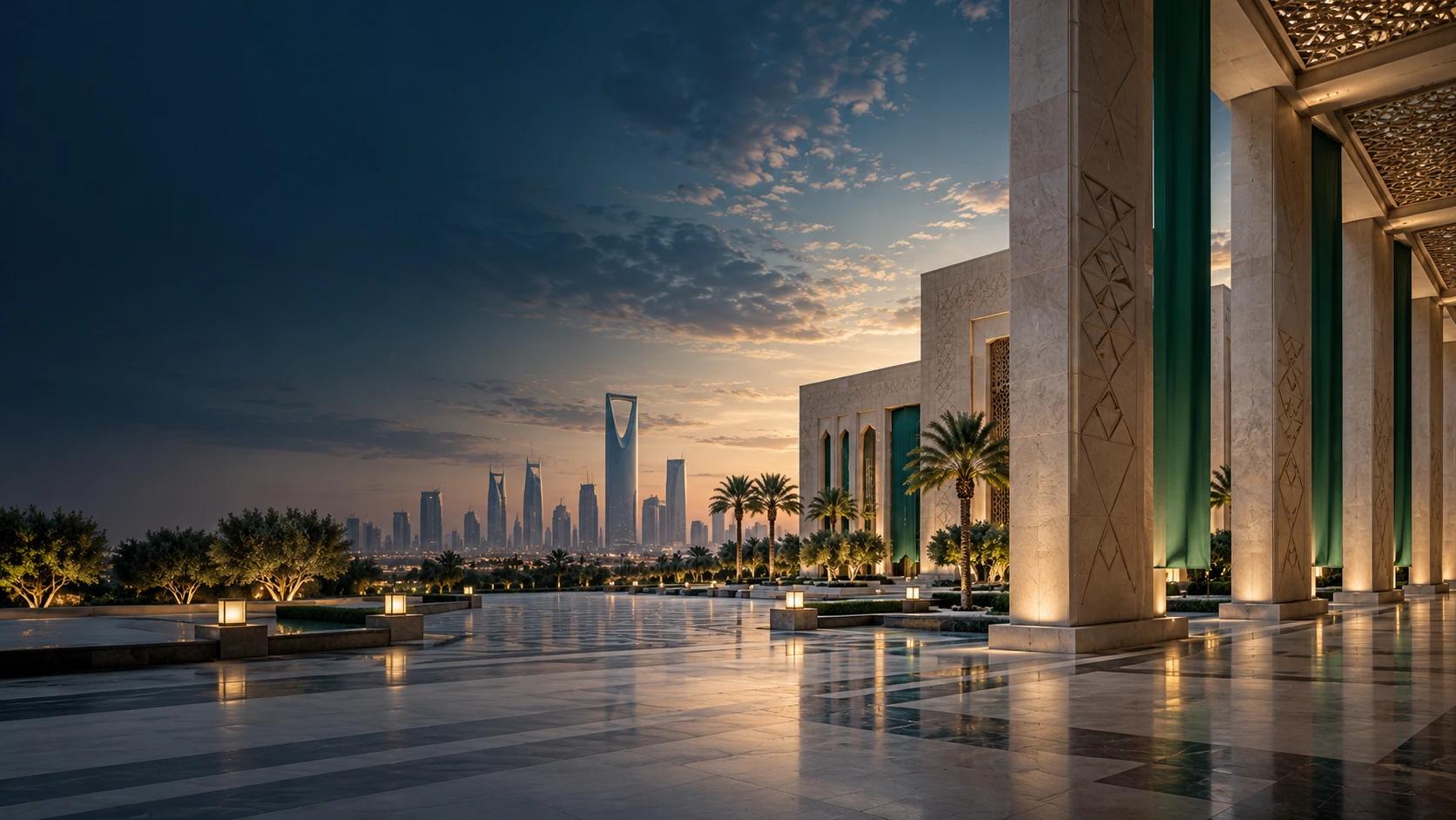 A palace forecourt of carved limestone columns and green banners, with Riyadh’s Kingdom Centre on the horizon at dusk.