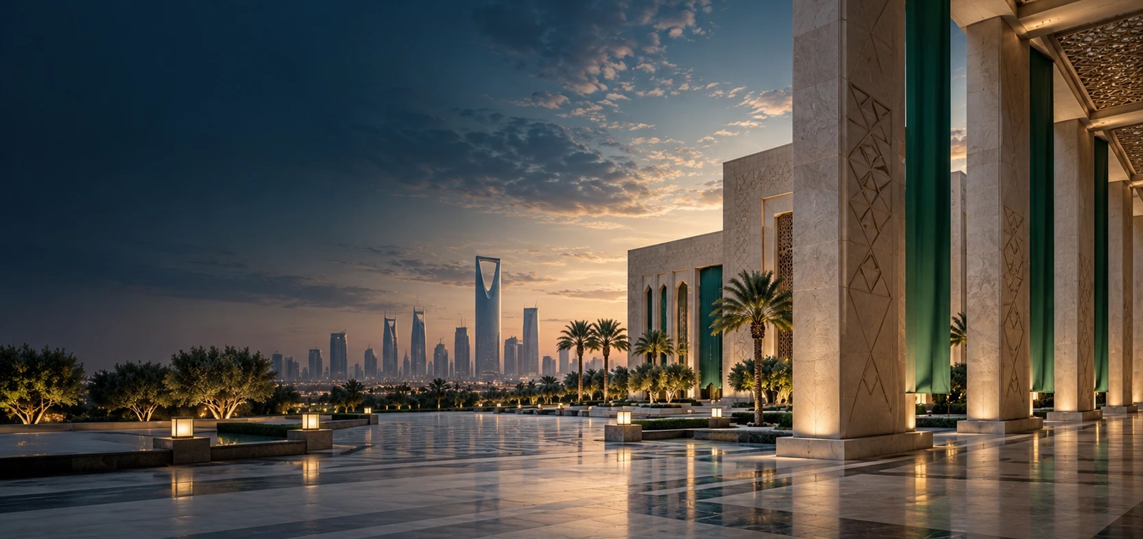 A palace forecourt of carved limestone columns and green banners, with Riyadh’s Kingdom Centre on the horizon at dusk.