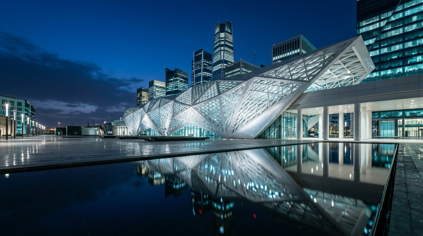 The faceted white lattice of the King Abdullah Financial District metro station reflected in a plaza pool at blue hour.