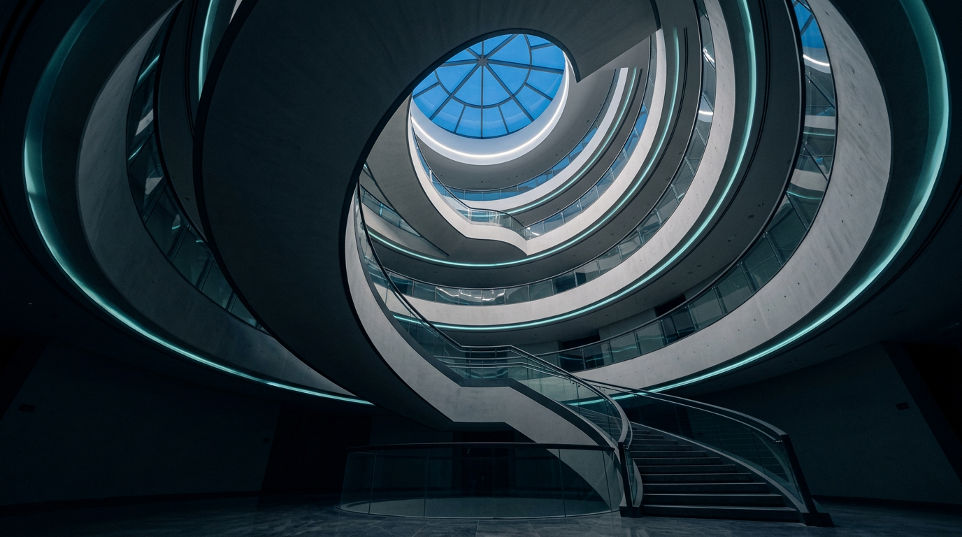 Looking up through a sweeping spiral staircase toward a round skylight in a contemporary Riyadh building.
