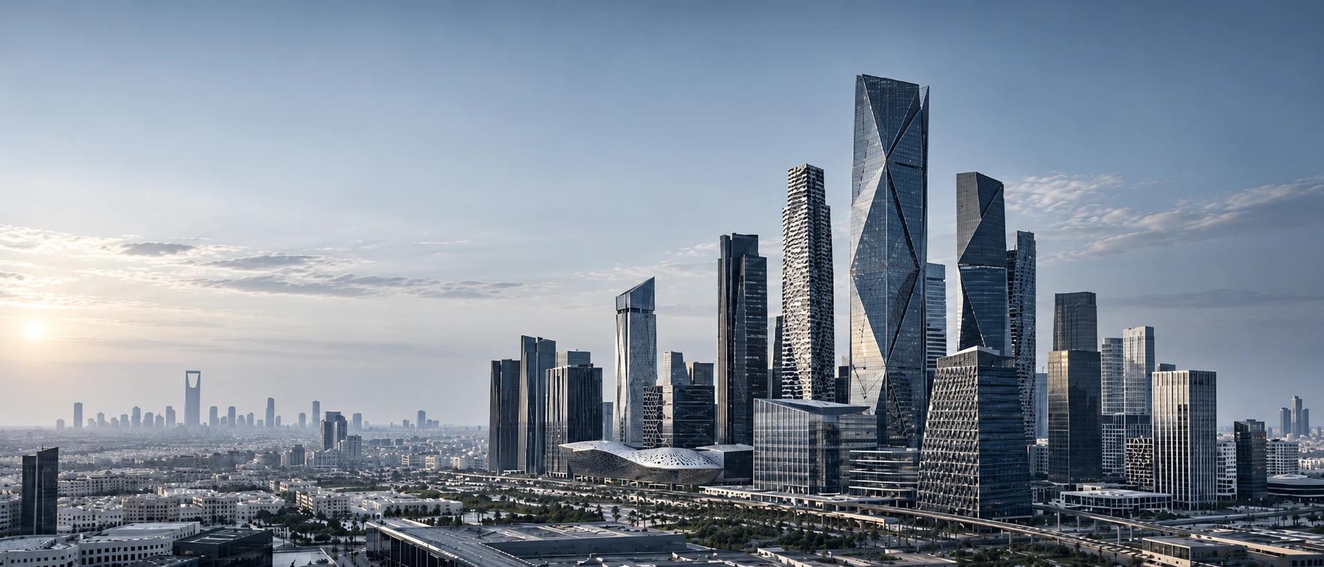 The towers of the King Abdullah Financial District in Riyadh in cool daylight, with the Kingdom Centre on the horizon.
