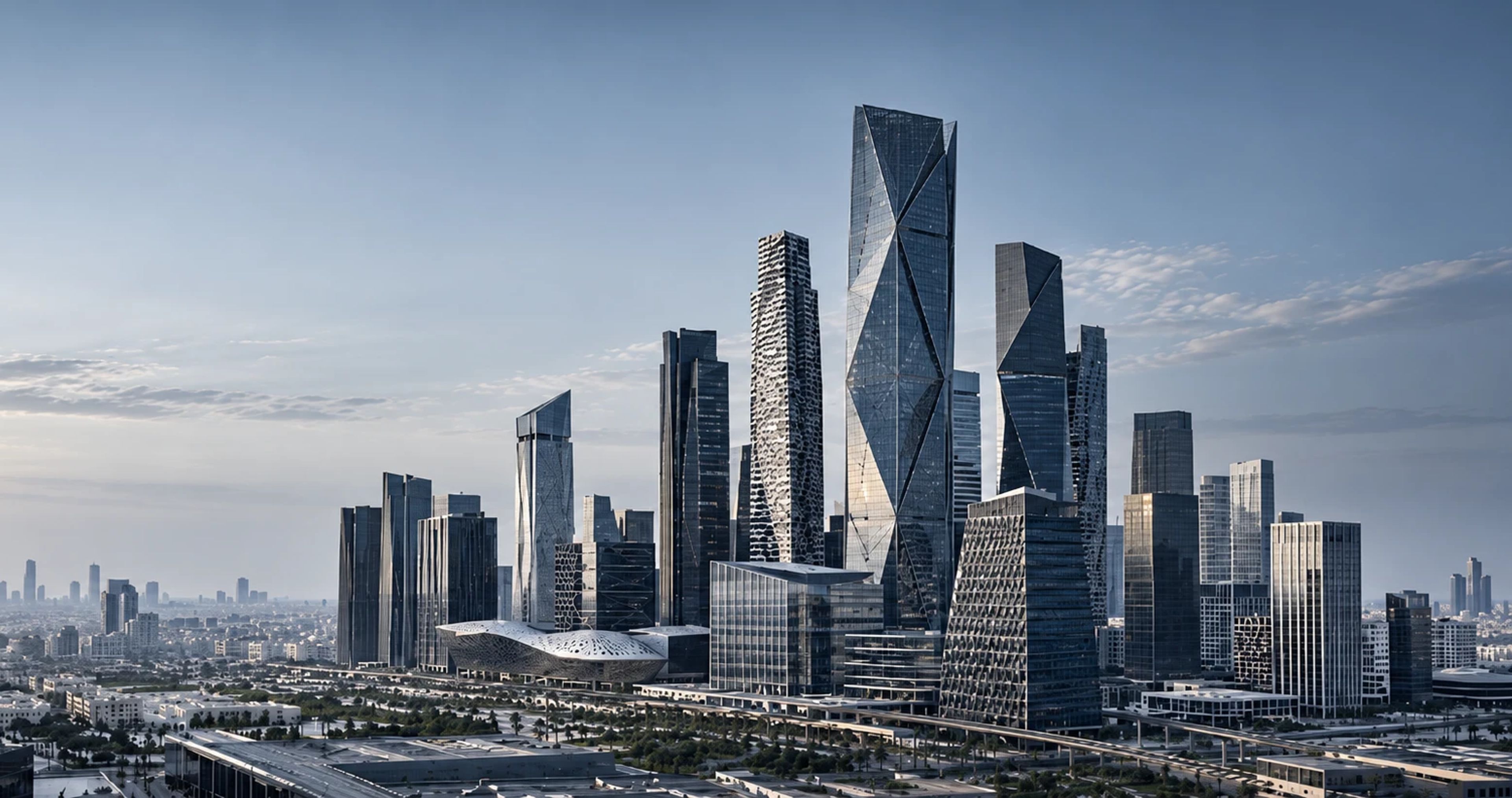 The towers of the King Abdullah Financial District in Riyadh in cool daylight, with the Kingdom Centre on the horizon.