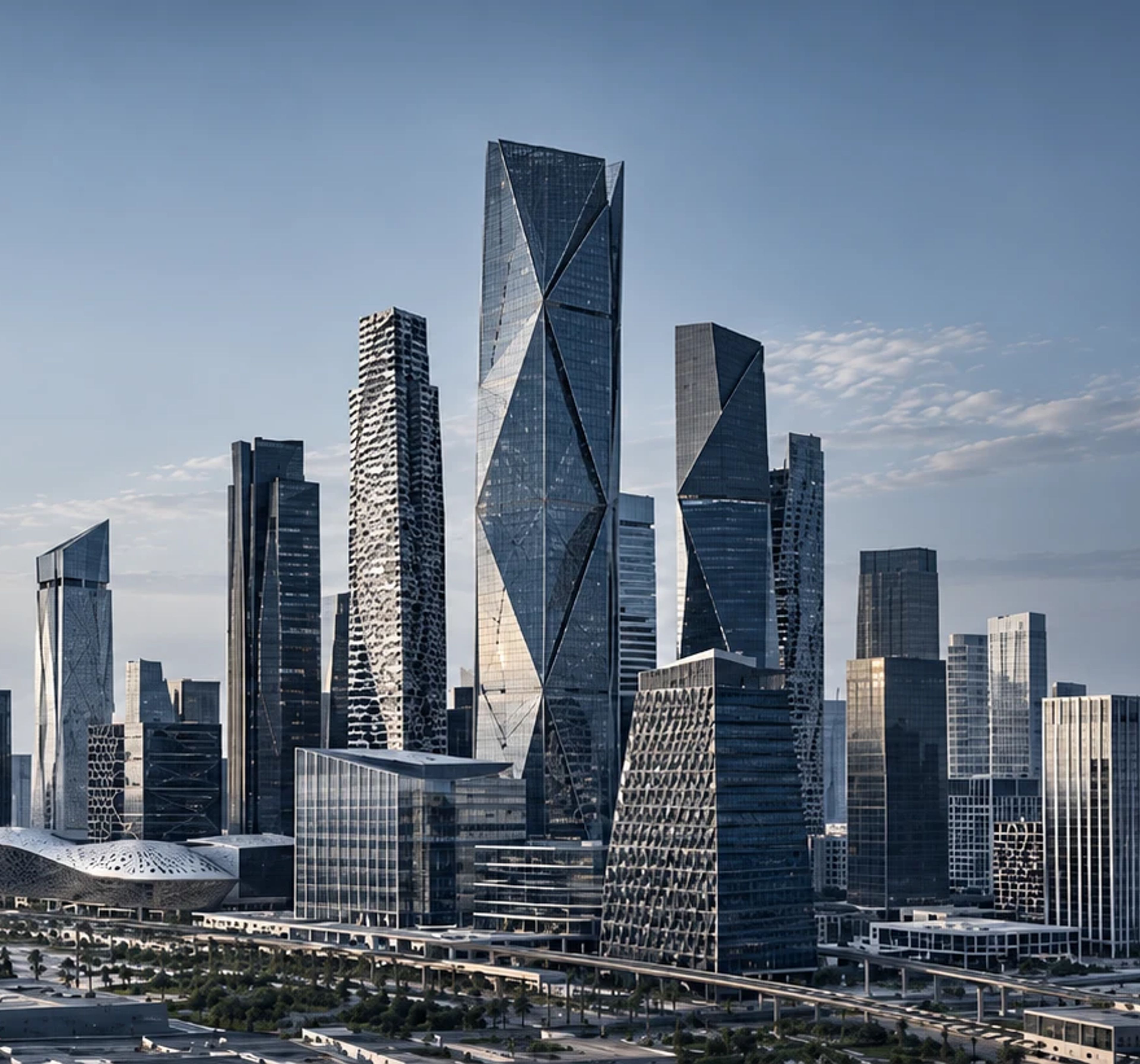 The towers of the King Abdullah Financial District in Riyadh in cool daylight, with the Kingdom Centre on the horizon.