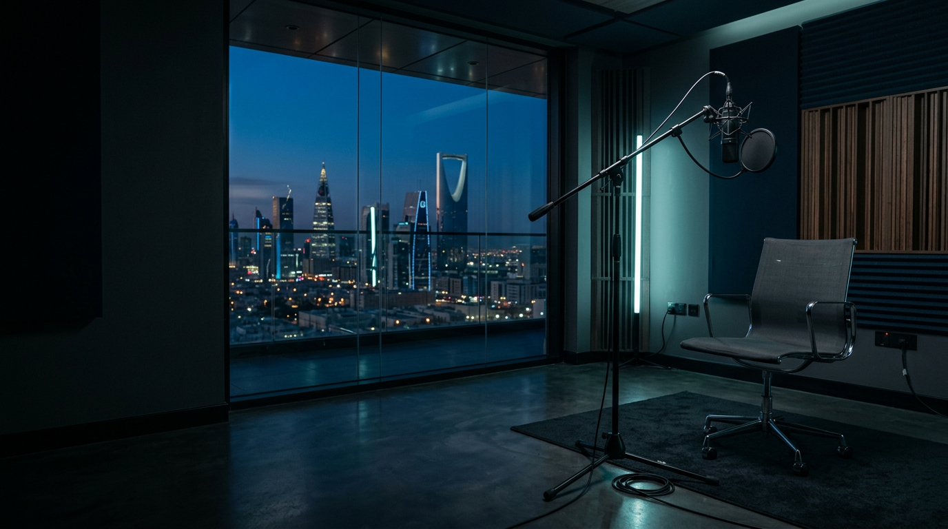 A studio microphone on a stand in a dark executive recording room, the Riyadh skyline through the glass behind.