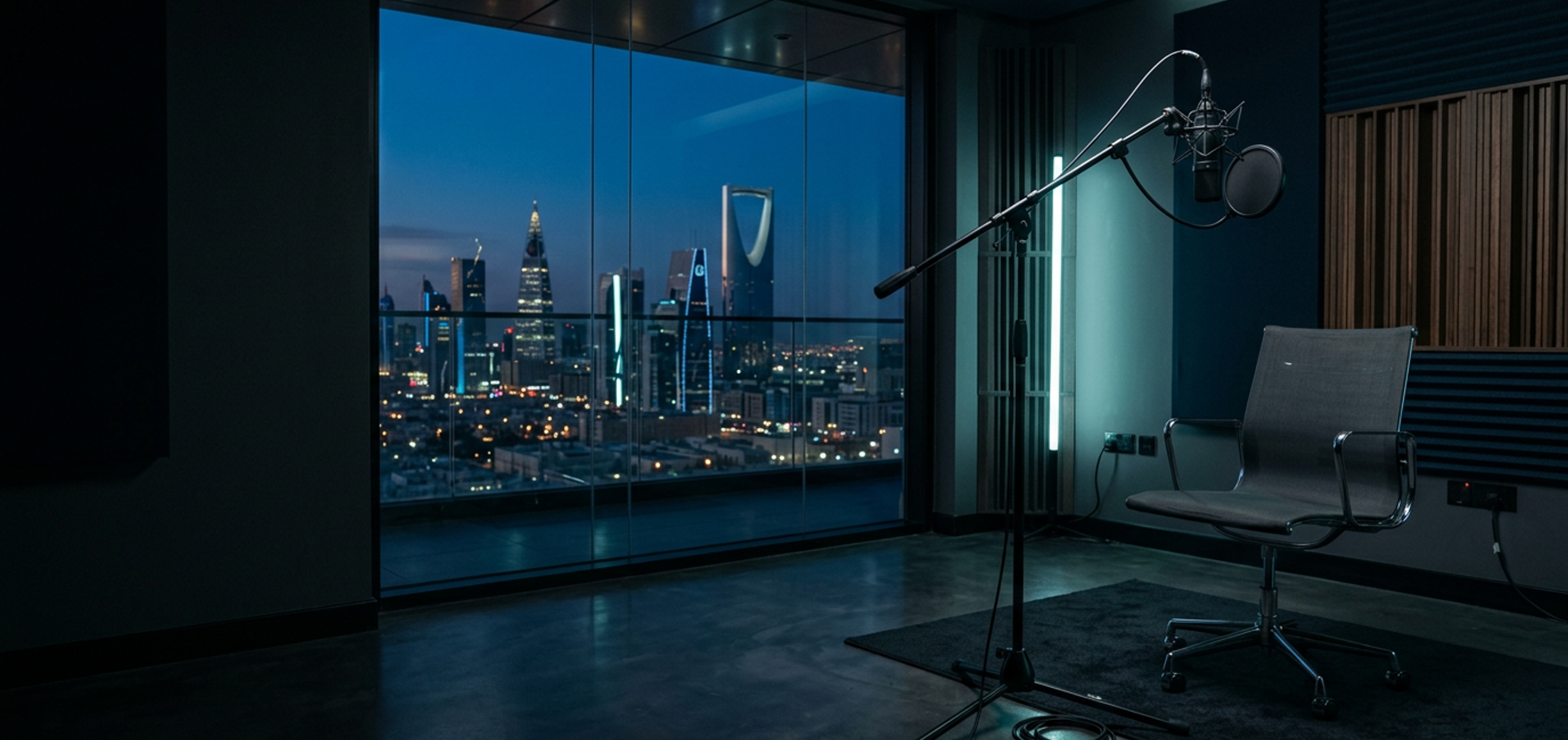 A studio microphone on a stand in a dark executive recording room, the Riyadh skyline through the glass behind.