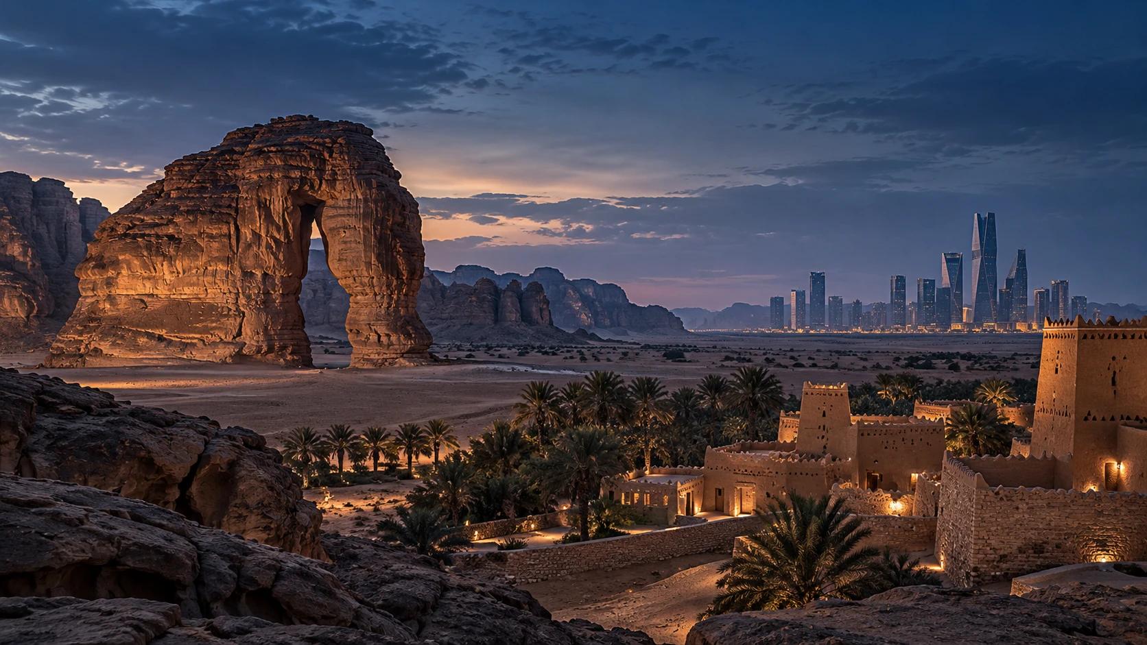 A composite Saudi landscape at blue hour: AlUla’s Elephant Rock, palm groves and mud-brick heritage architecture, with a modern skyline on the horizon.
