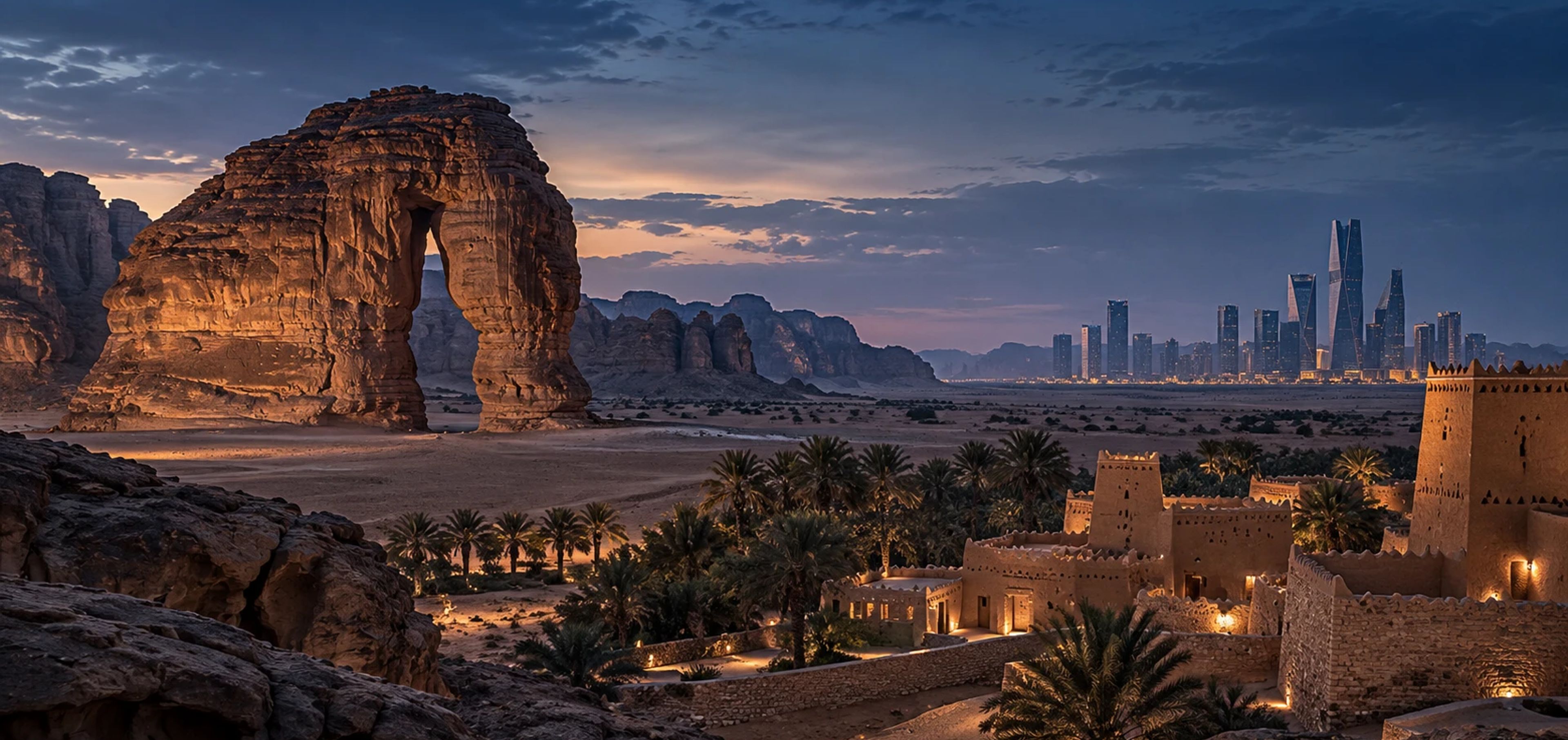 A composite Saudi landscape at blue hour: AlUla’s Elephant Rock, palm groves and mud-brick heritage architecture, with a modern skyline on the horizon.