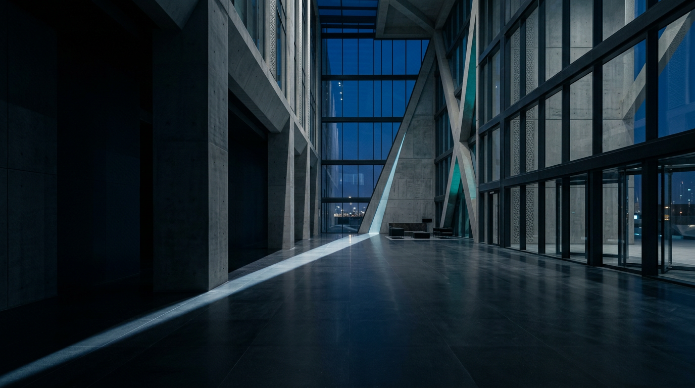 A minimal headquarters atrium at blue hour, a single beam of cool light across the polished stone floor.