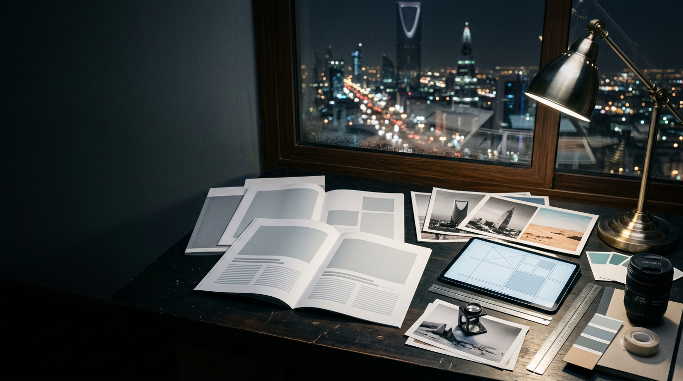 An editorial studio desk at night with blank page layouts, photographic prints, a layout grid on a tablet, a loupe and colour swatches, Riyadh beyond.