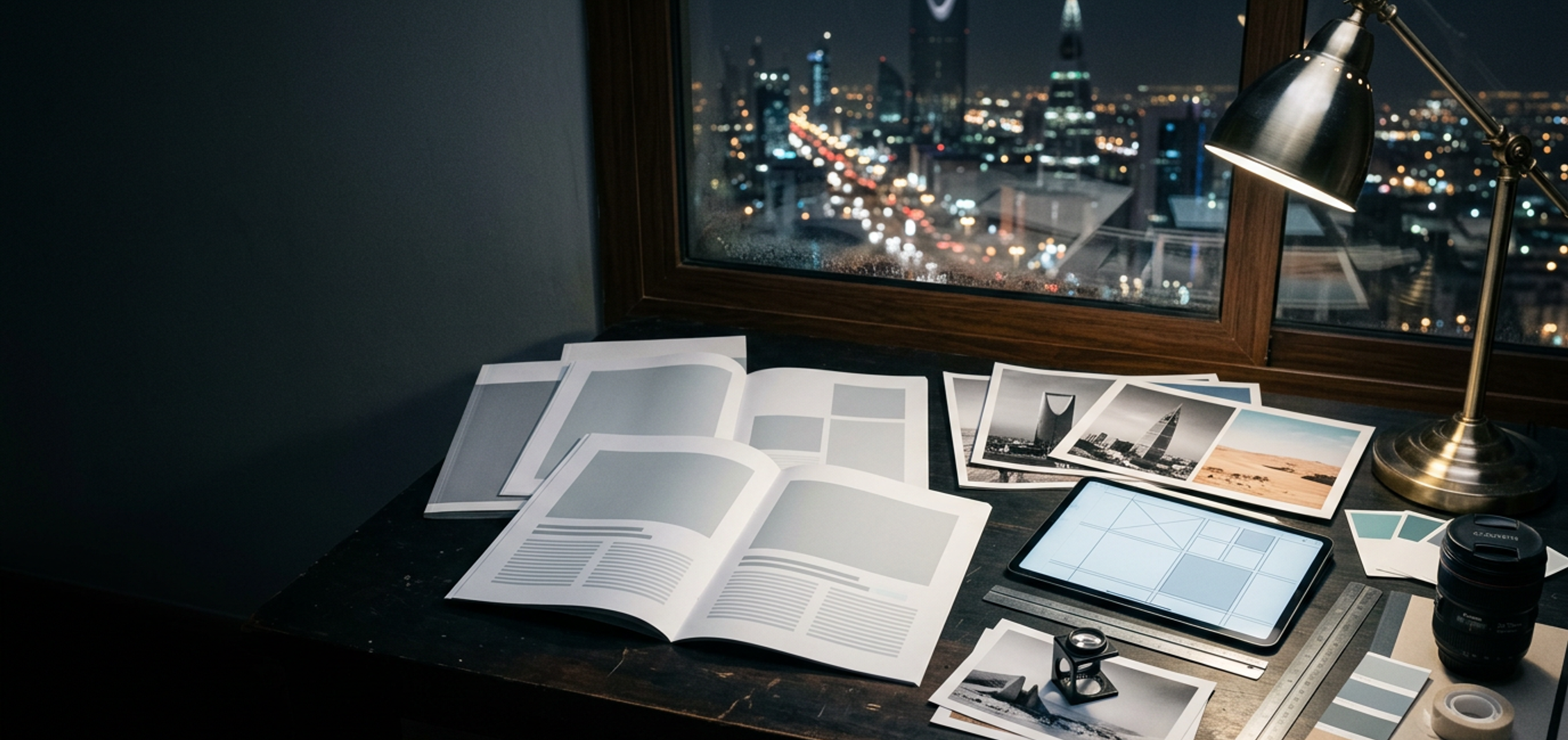 An editorial studio desk at night with blank page layouts, photographic prints, a layout grid on a tablet, a loupe and colour swatches, Riyadh beyond.