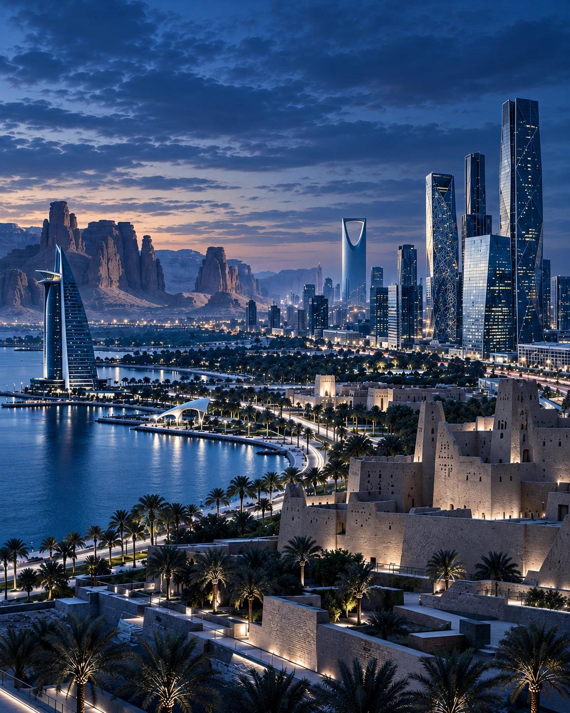 A composite view of Saudi Arabia at dusk: heritage architecture, desert rock formations, a waterfront and Riyadh’s skyline.