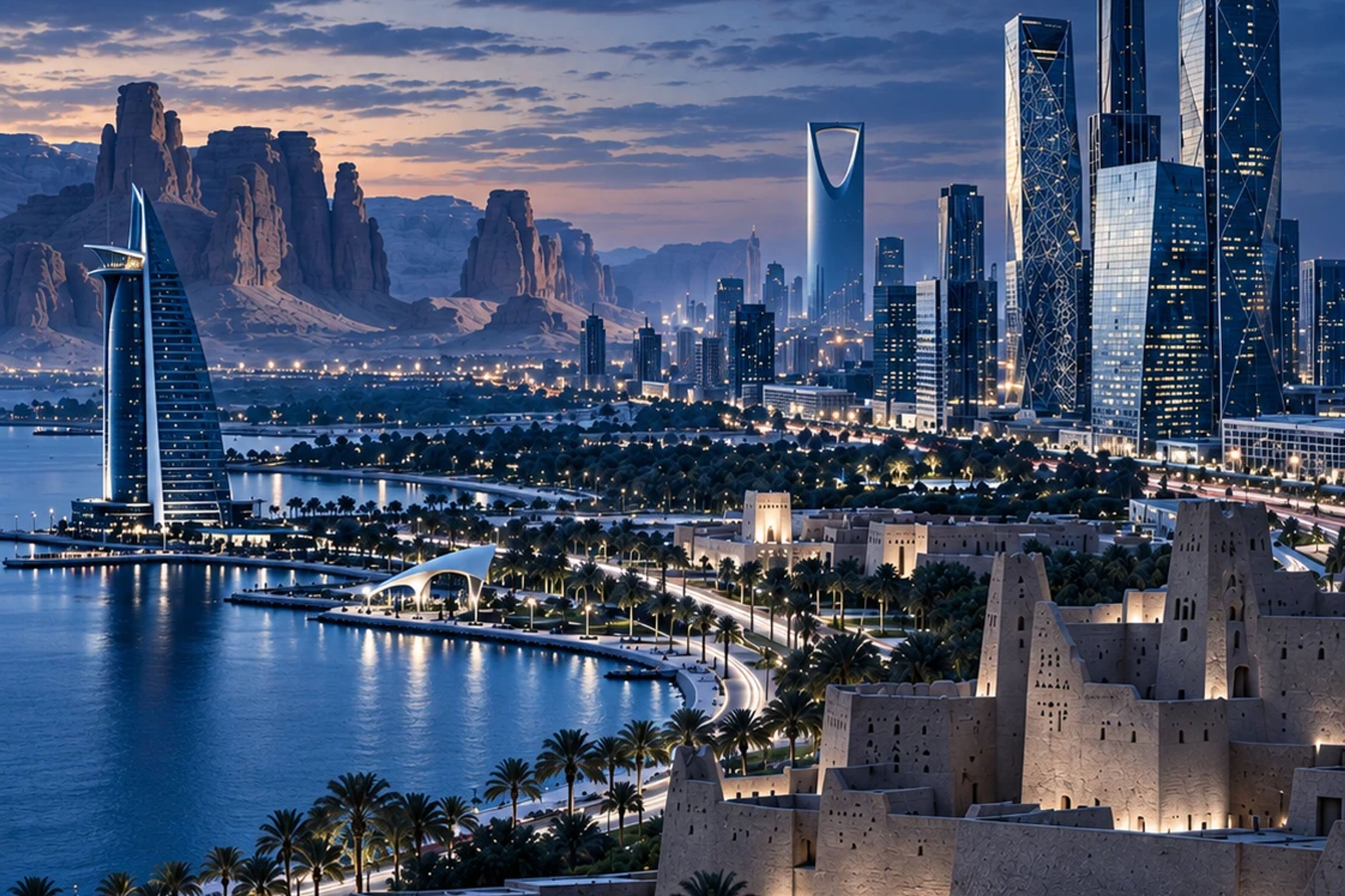 A composite view of Saudi Arabia at dusk: heritage architecture, desert rock formations, a waterfront and Riyadh’s skyline.