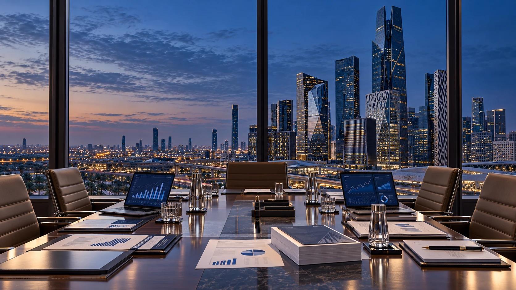 A boardroom table set with laptops showing research charts, overlooking Riyadh at dusk.