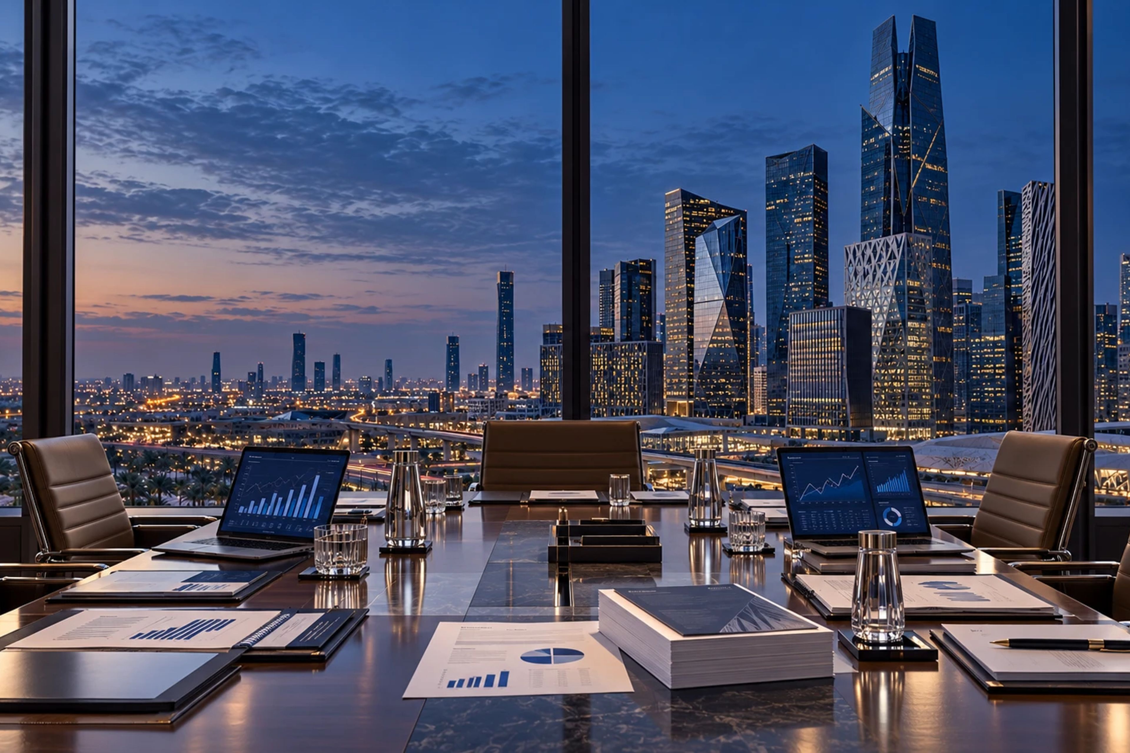 A boardroom table set with laptops showing research charts, overlooking Riyadh at dusk.