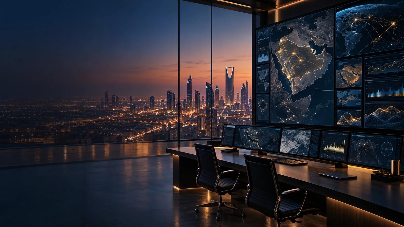 An intelligence desk of maps and data screens overlooking Riyadh at dusk.