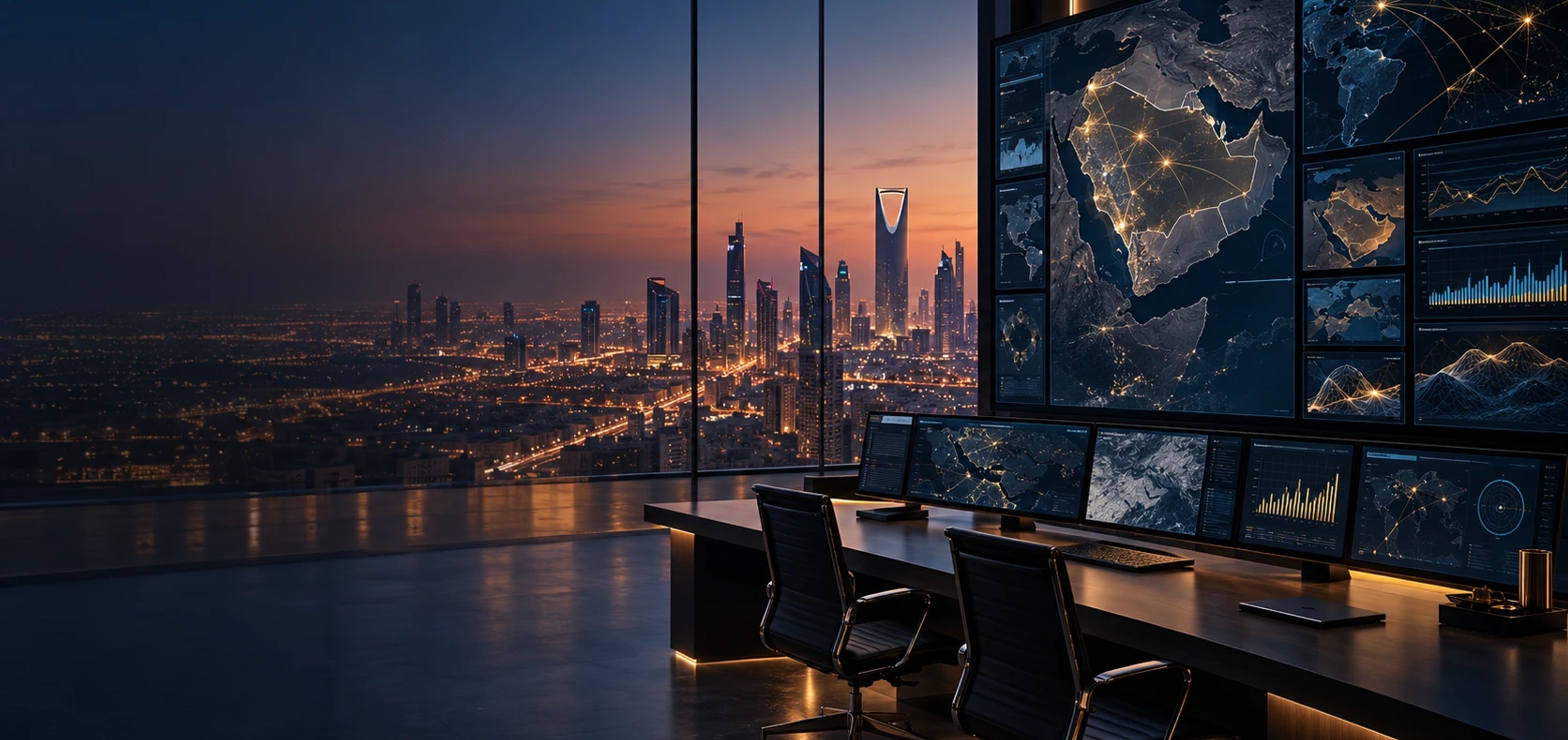 An intelligence desk of maps and data screens overlooking Riyadh at dusk.