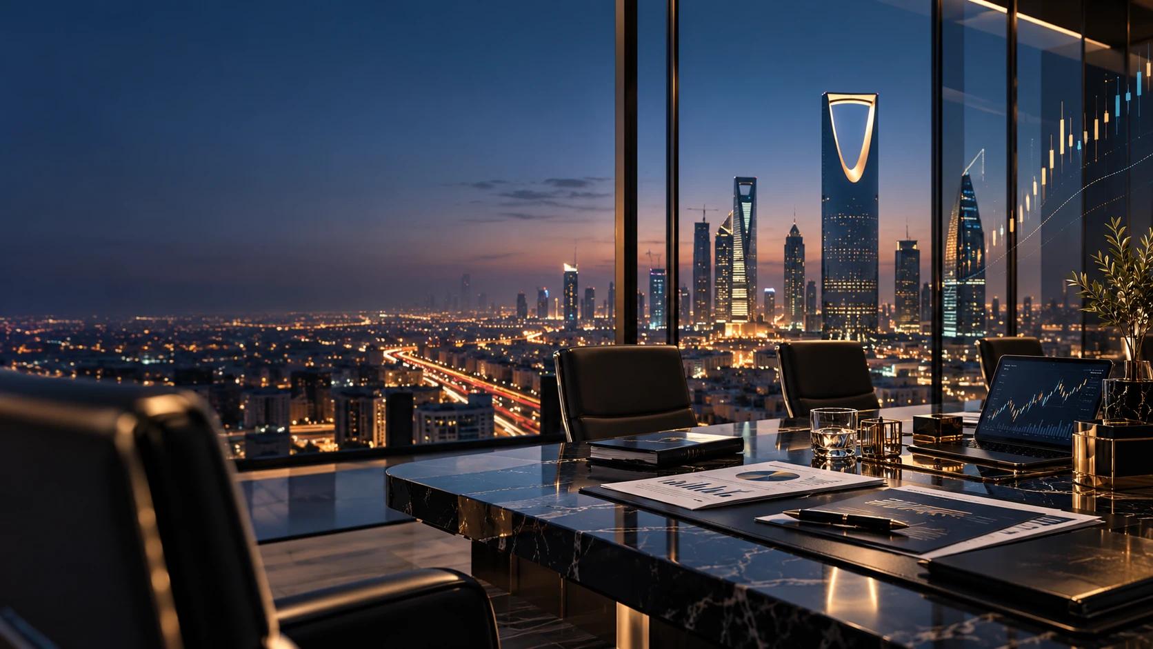 A marble boardroom table with financial reports and market charts, overlooking the Kingdom Centre at night.