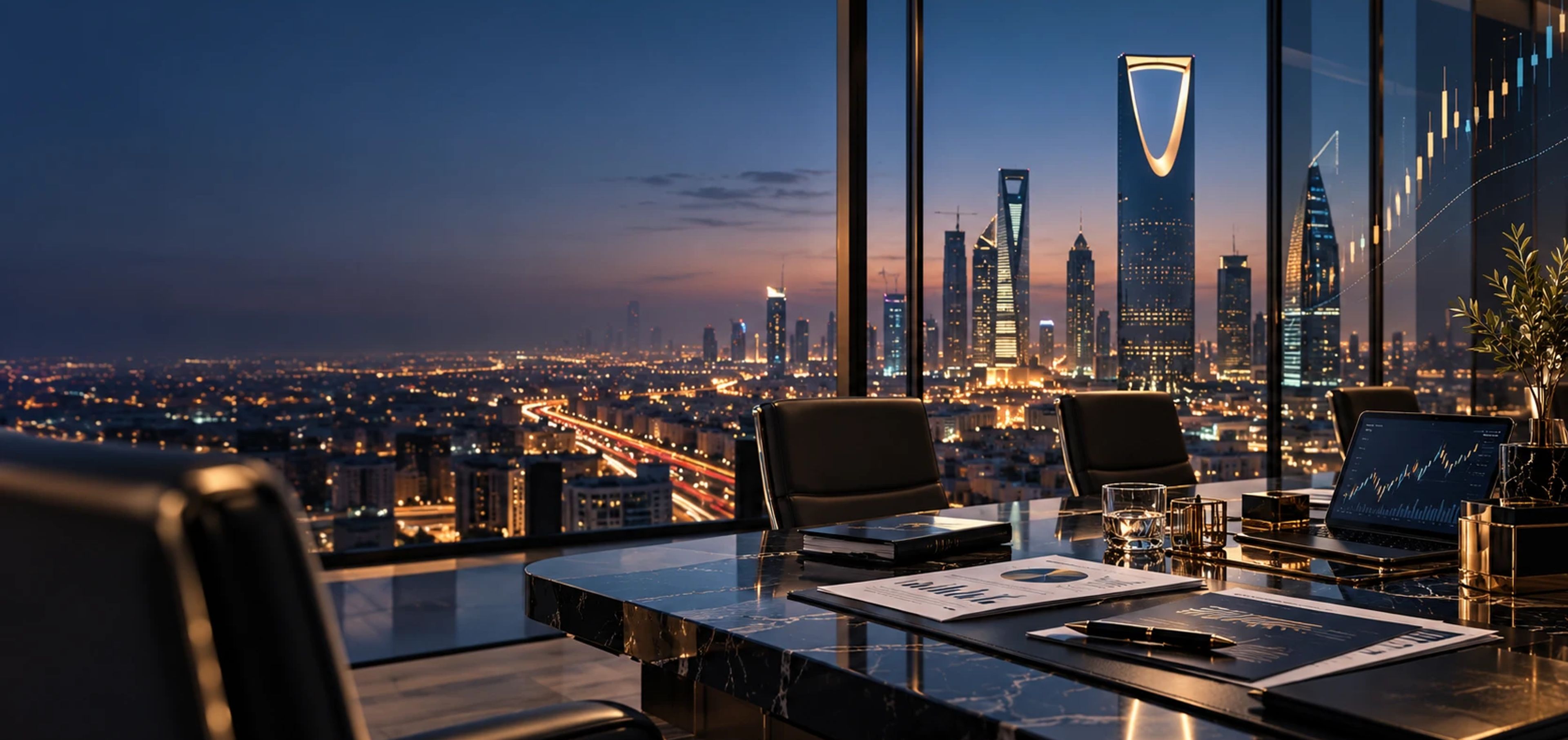 A marble boardroom table with financial reports and market charts, overlooking the Kingdom Centre at night.