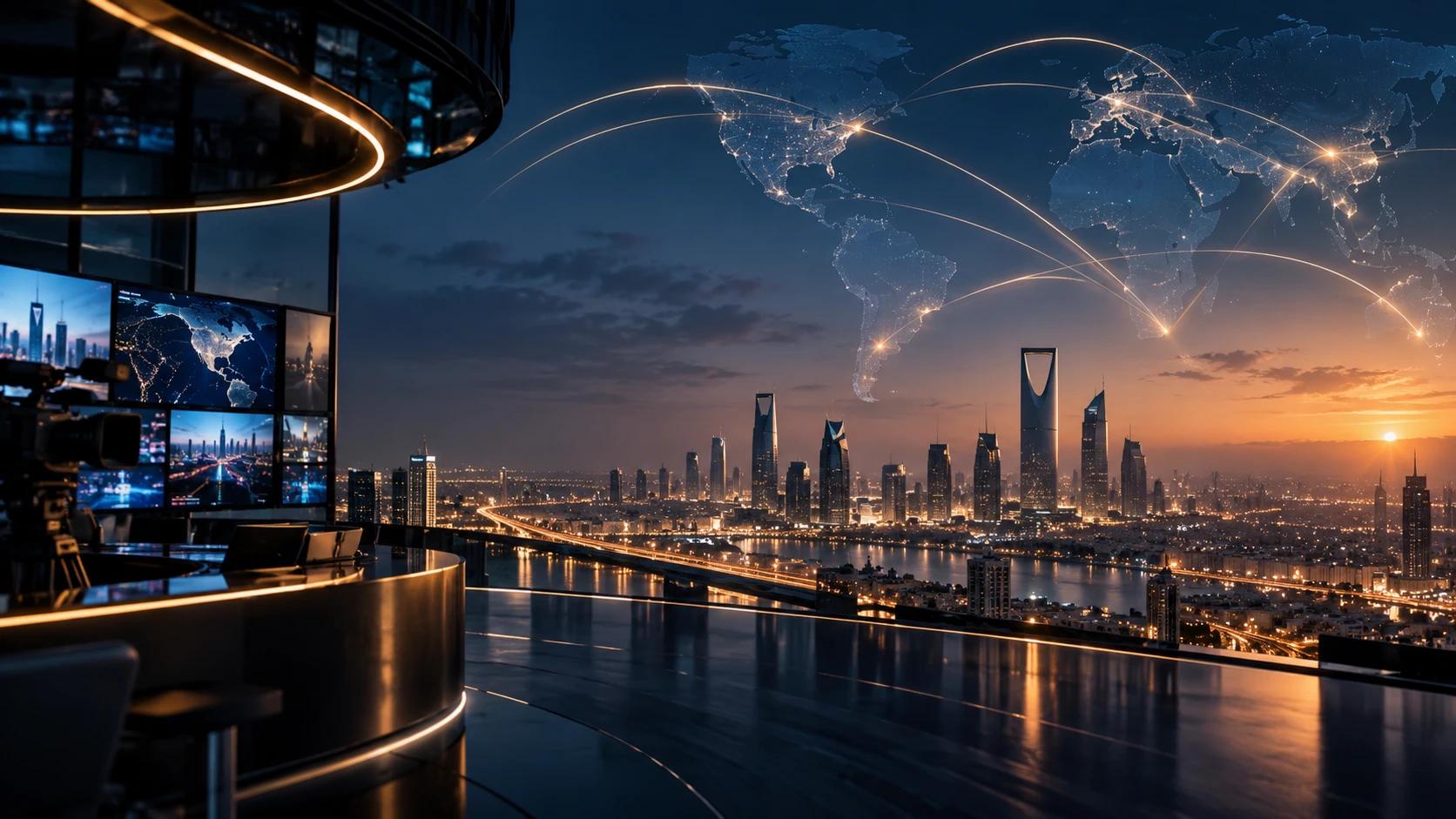 A broadcast studio overlooking Riyadh at dusk, with lines of light connecting a map of the world.