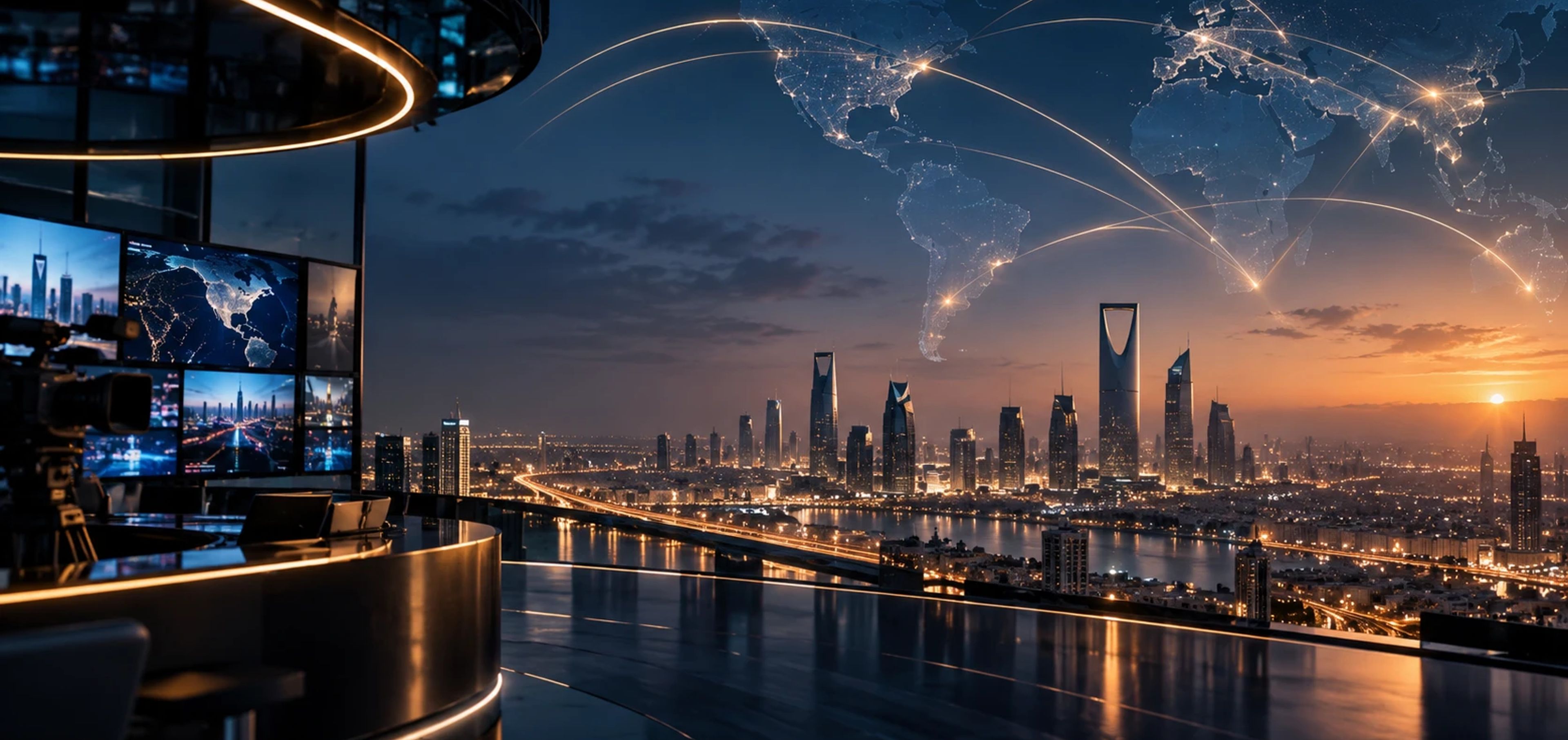 A broadcast studio overlooking Riyadh at dusk, with lines of light connecting a map of the world.