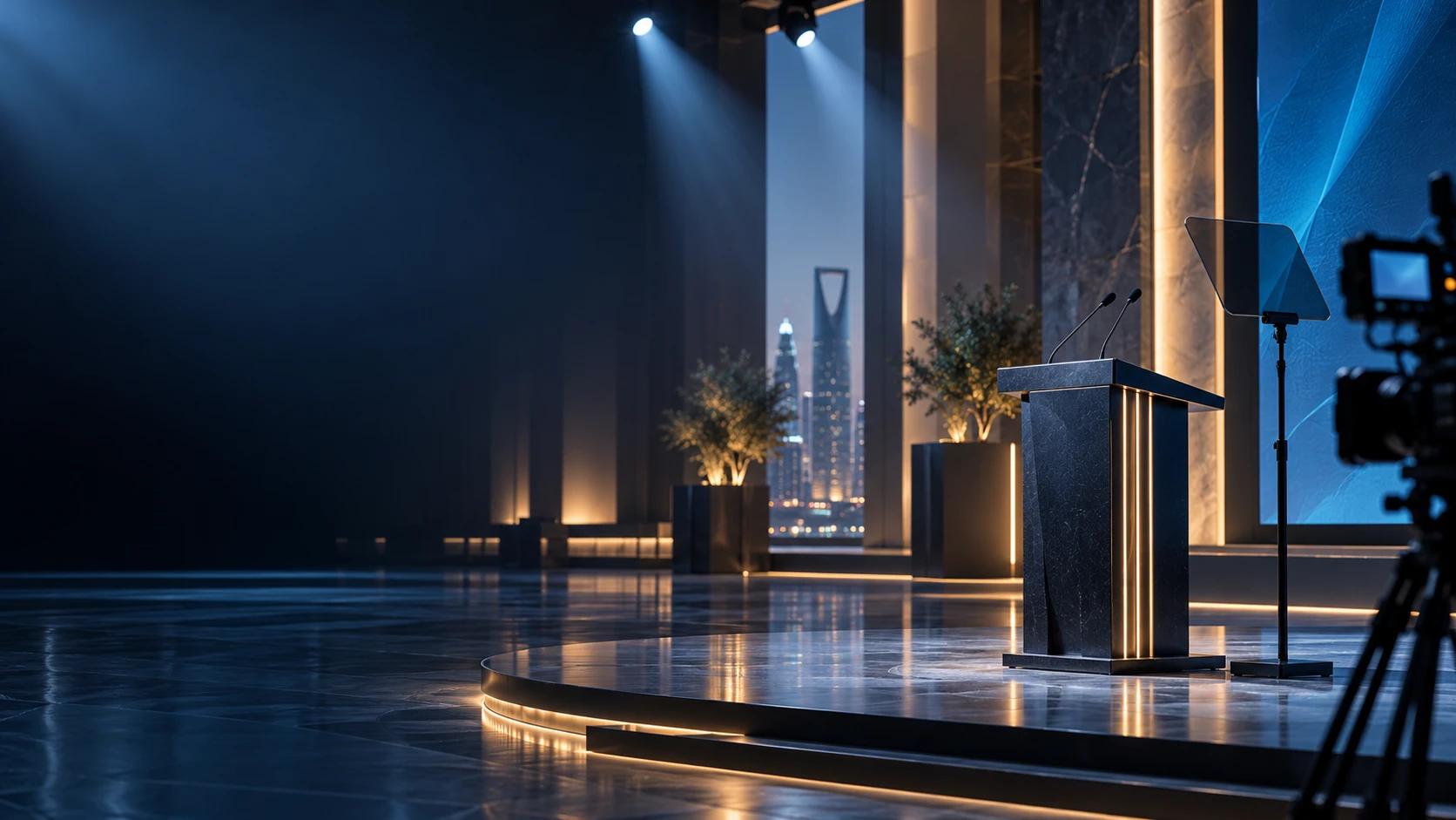 An empty stage with a podium, teleprompter and broadcast camera, with Riyadh’s skyline beyond.