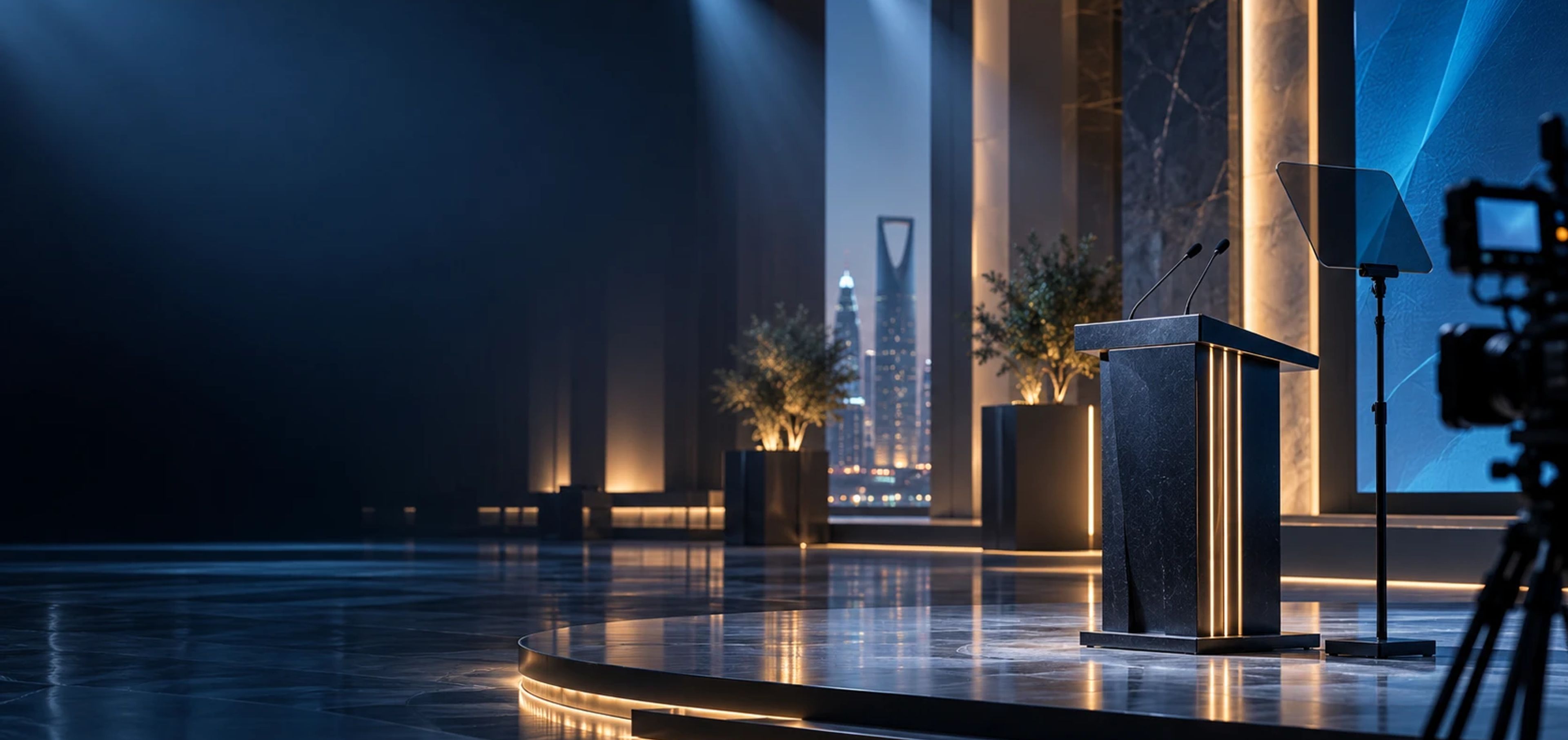 An empty stage with a podium, teleprompter and broadcast camera, with Riyadh’s skyline beyond.