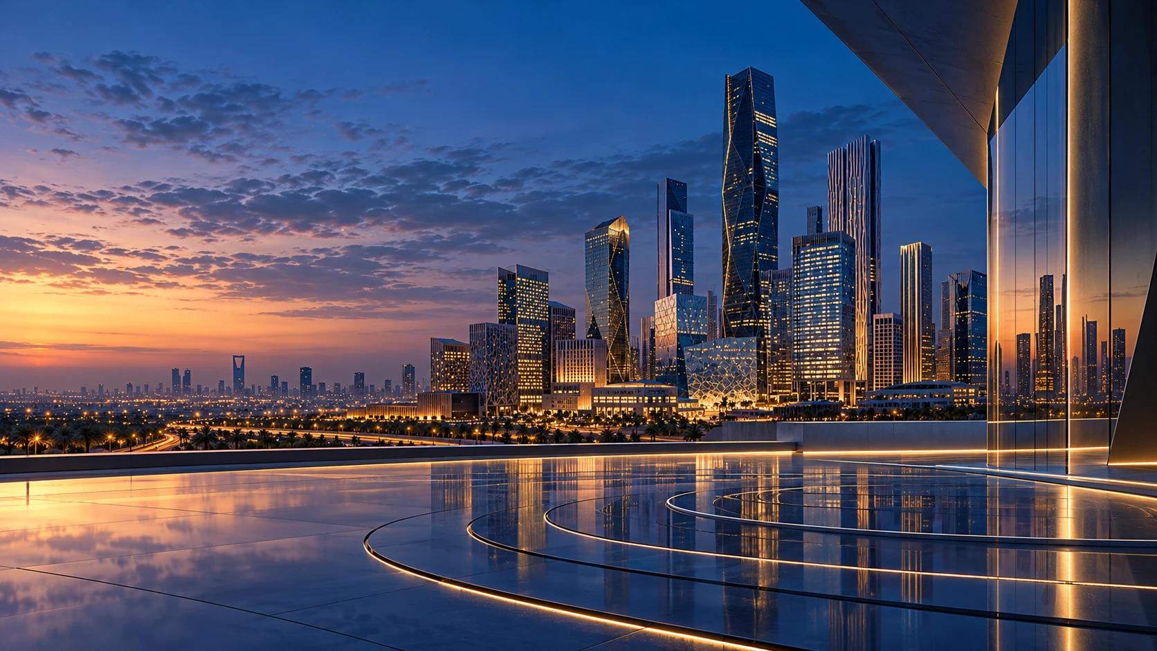 Riyadh’s King Abdullah Financial District at dusk, seen from a terrace traced with light.
