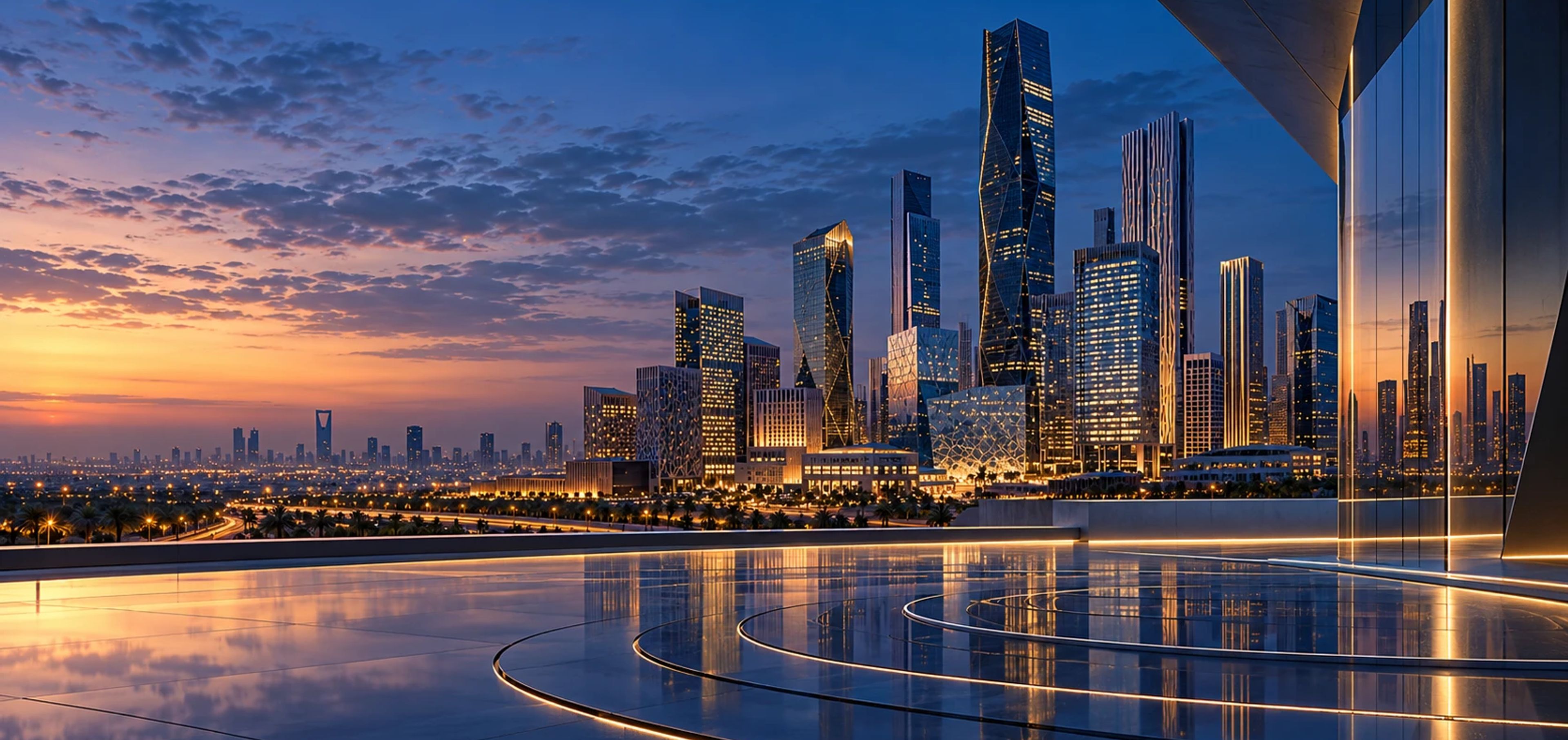 Riyadh’s King Abdullah Financial District at dusk, seen from a terrace traced with light.