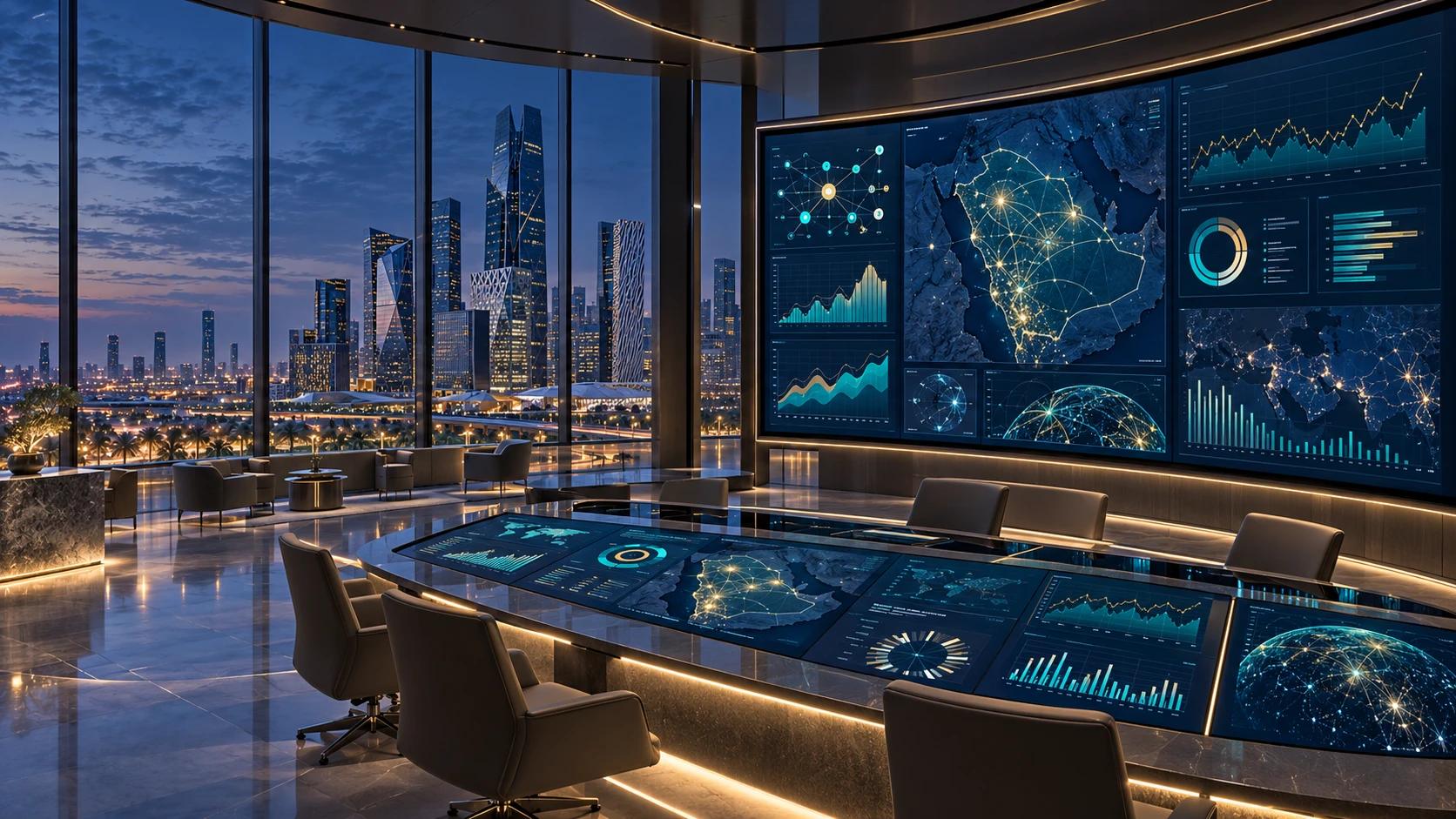 An intelligence room at night: a wall of data screens with a map of Saudi Arabia, overlooking Riyadh’s financial district.