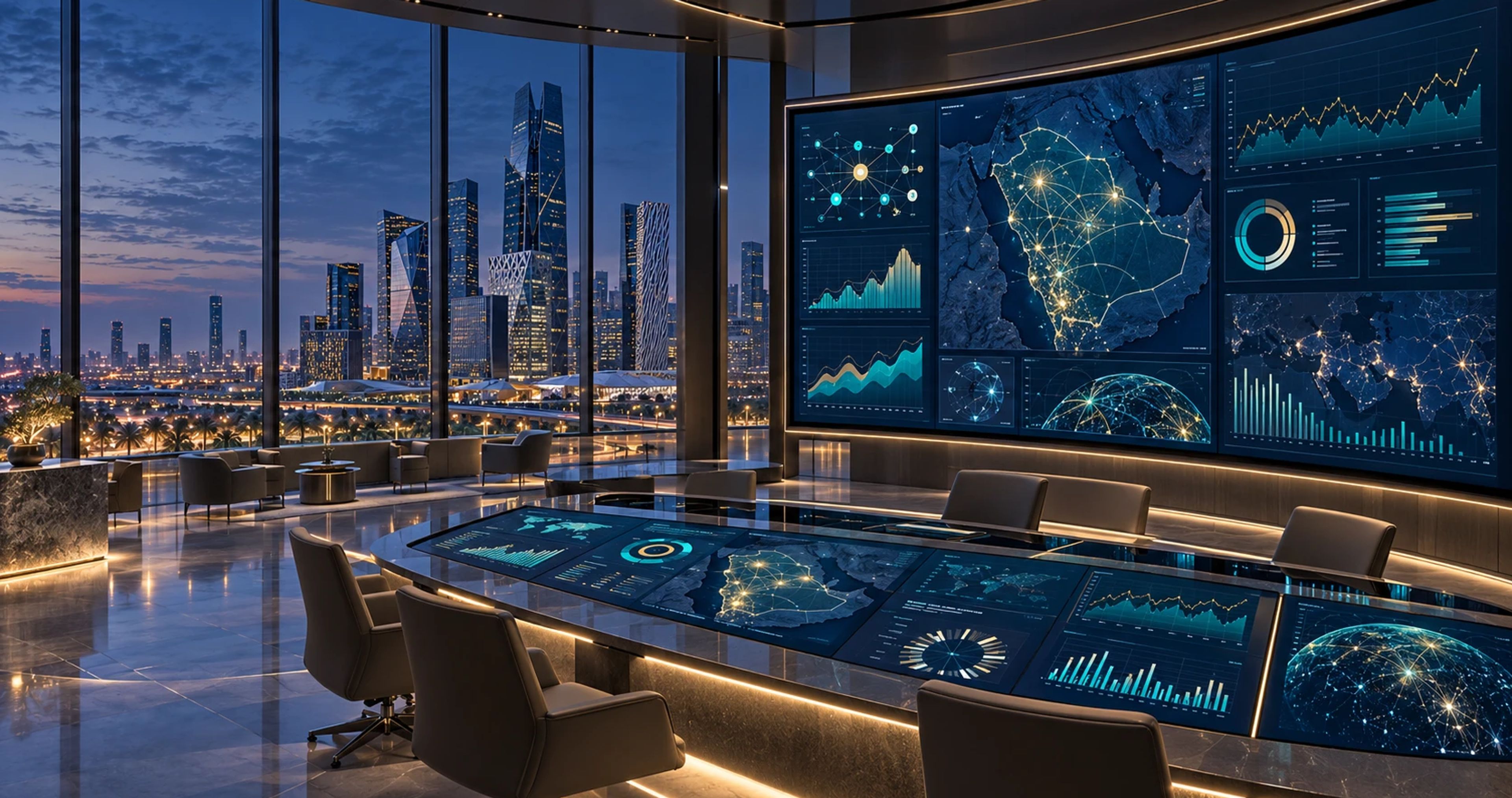 An intelligence room at night: a wall of data screens with a map of Saudi Arabia, overlooking Riyadh’s financial district.