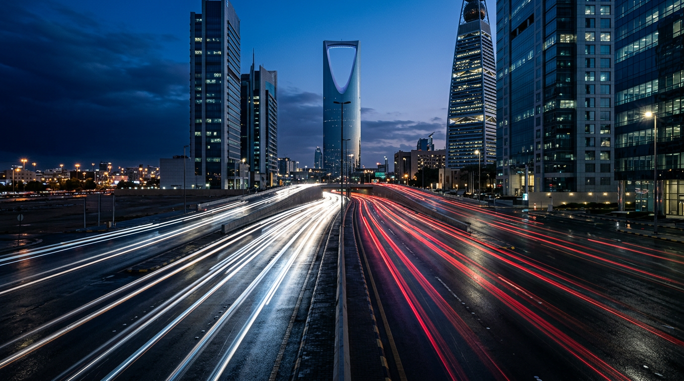 Light trails along King Fahd Road in Riyadh’s Olaya district at blue hour, the Kingdom Centre rising ahead.