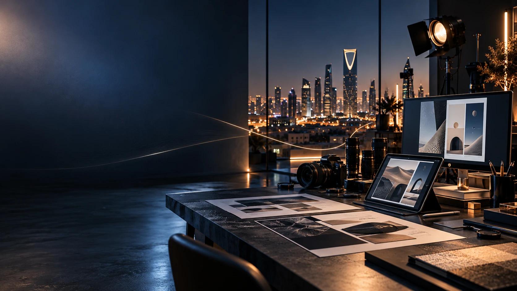 A creative studio at night — camera, studio light and design proofs — overlooking Riyadh.