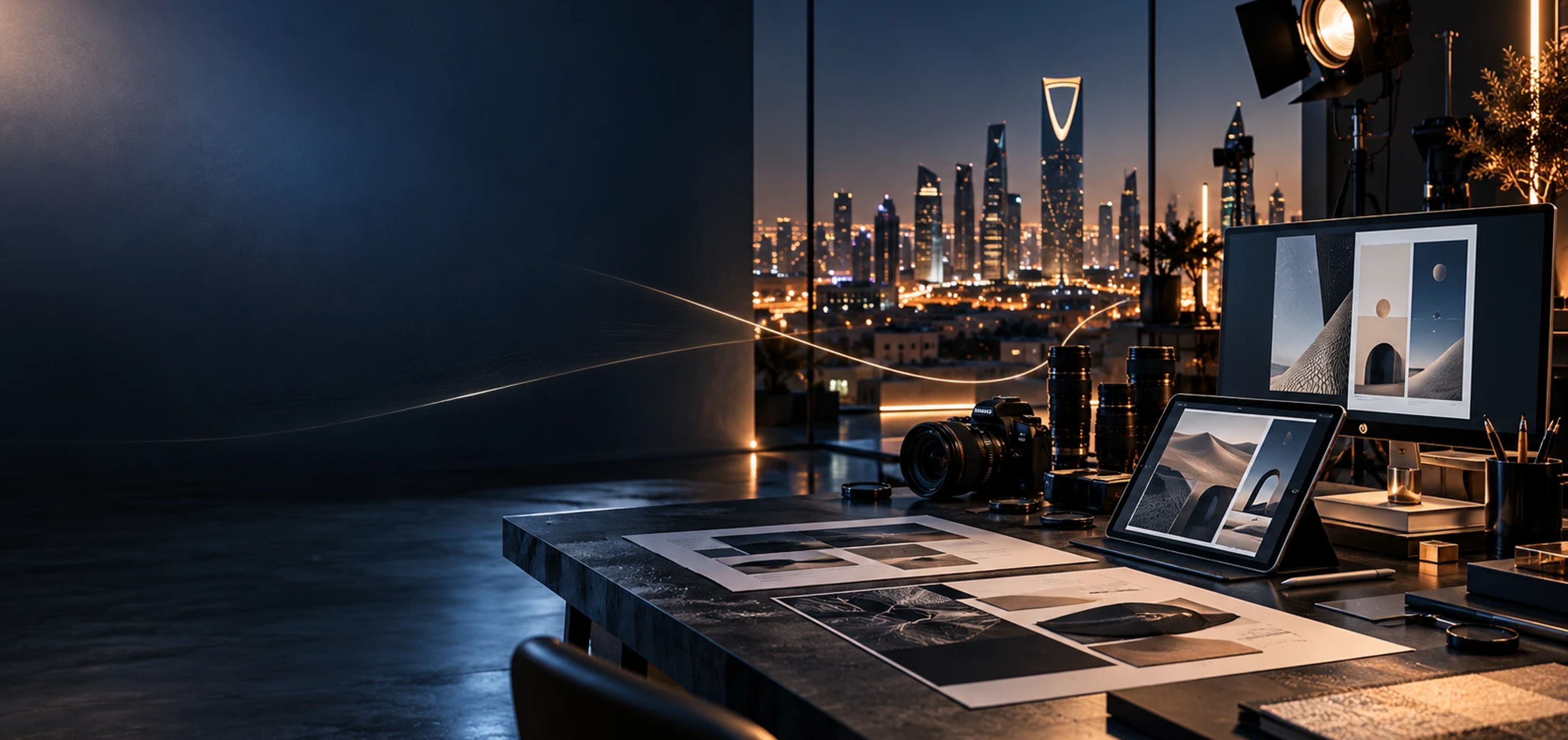 A creative studio at night — camera, studio light and design proofs — overlooking Riyadh.