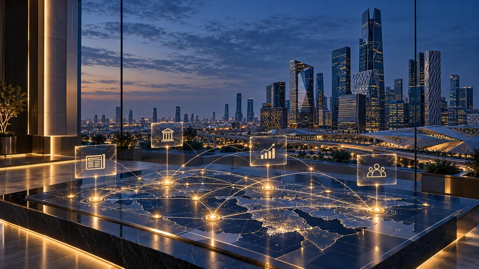 An illuminated map connecting icons for media, government, markets and the public.