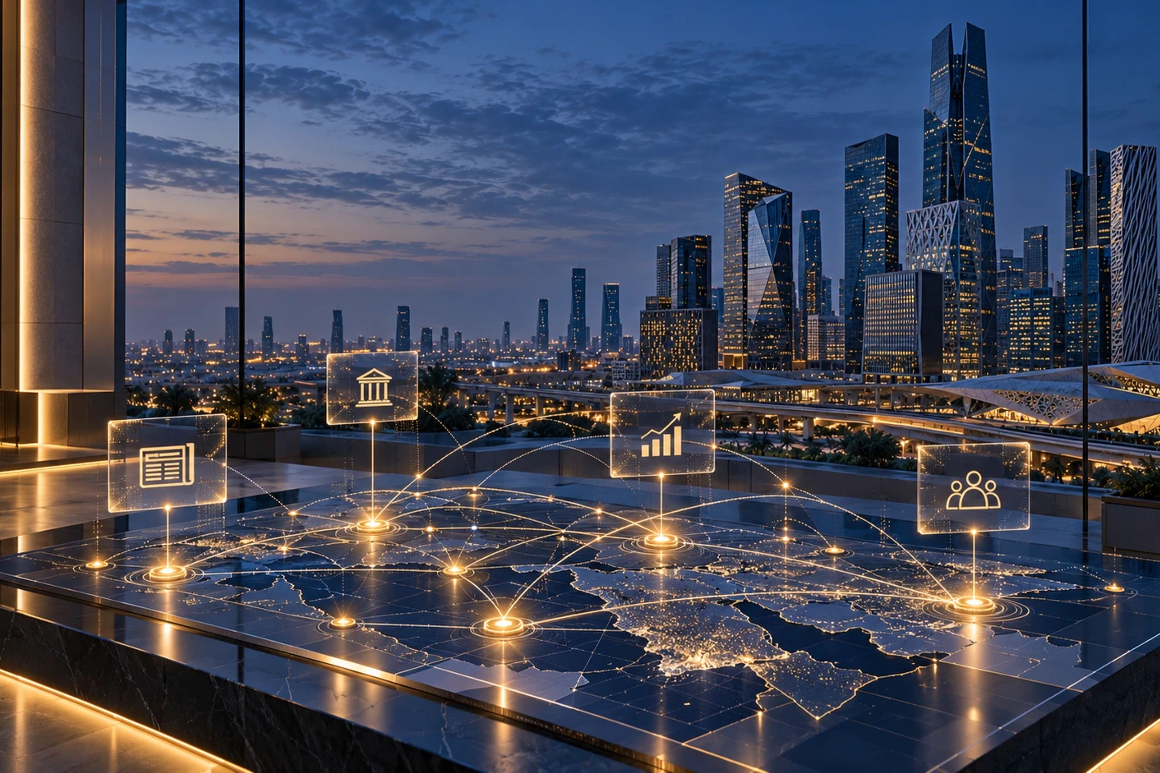 An illuminated map connecting icons for media, government, markets and the public.