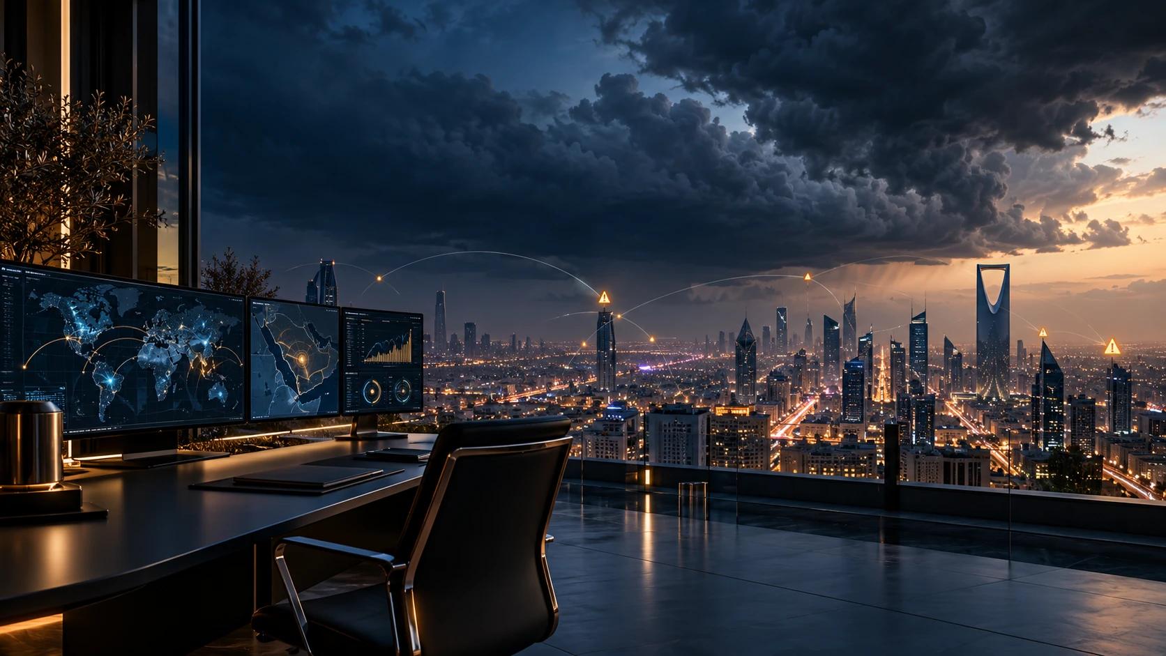 A watch desk of monitors tracking alerts as storm clouds gather over Riyadh.