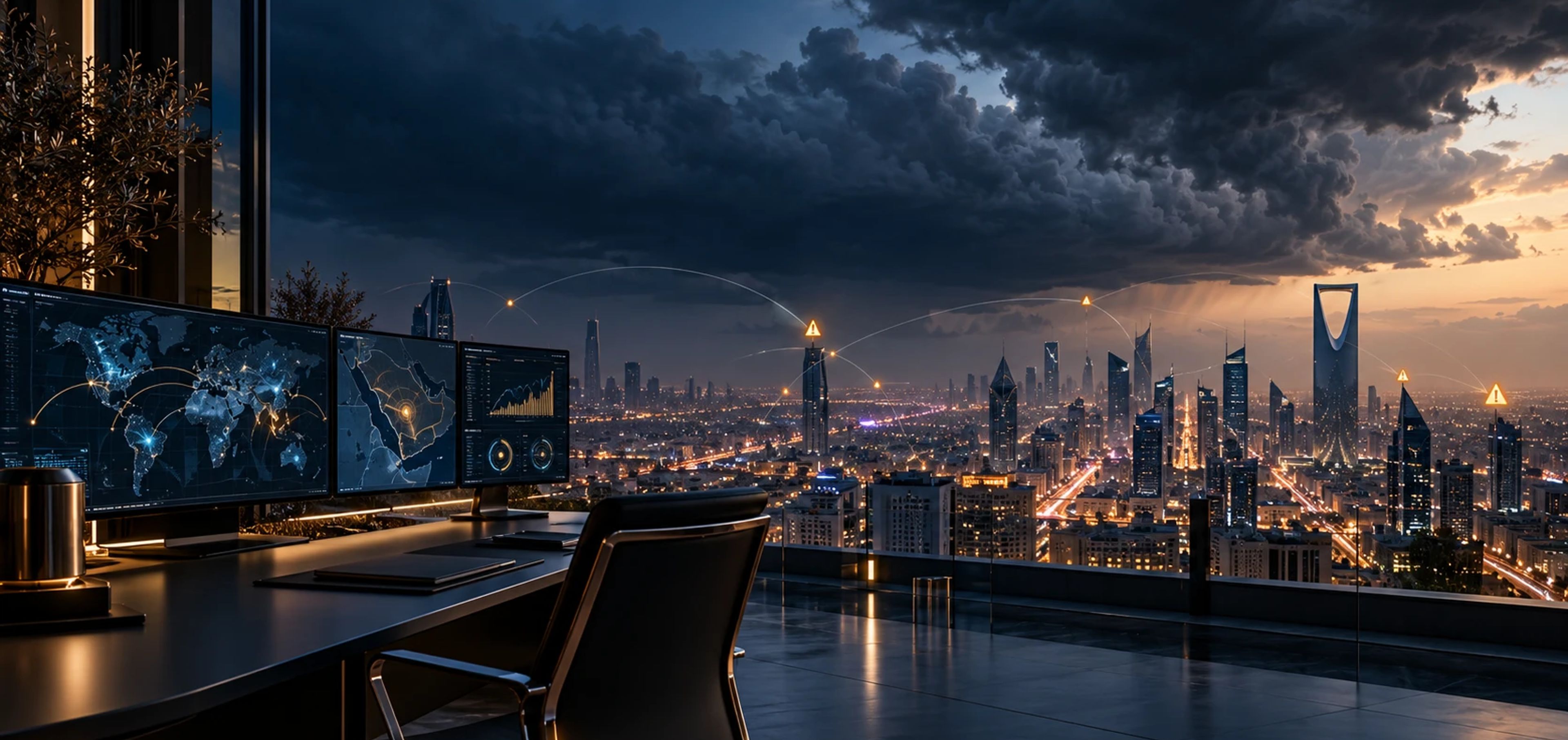 A watch desk of monitors tracking alerts as storm clouds gather over Riyadh.