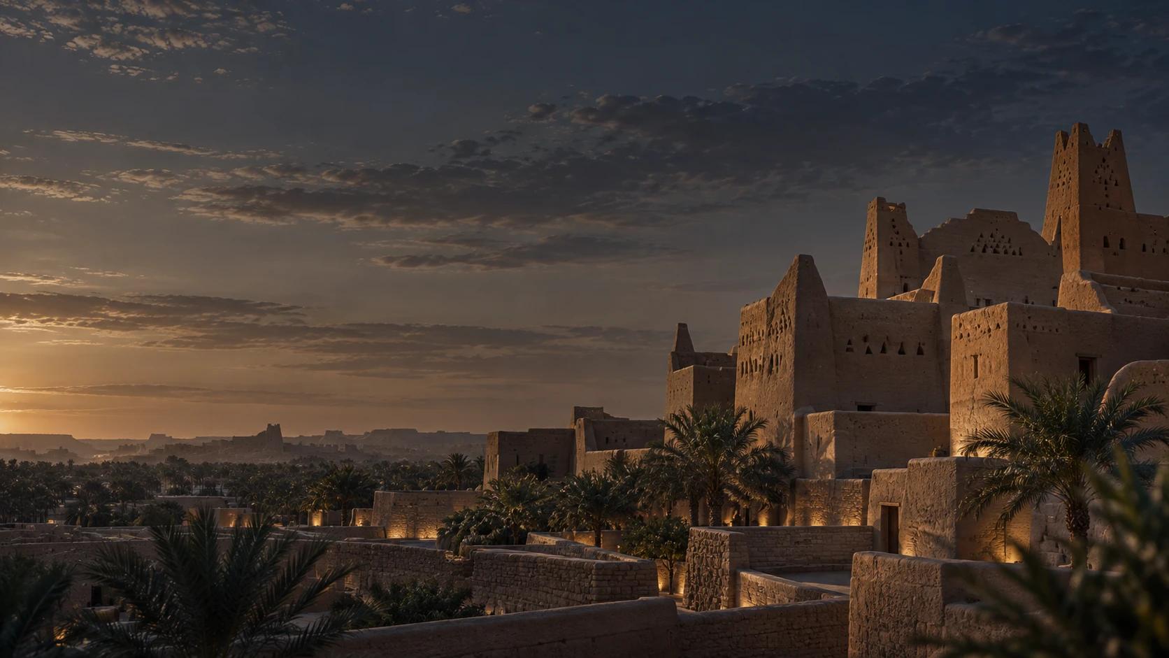 Traditional mud-brick architecture and palm groves at dusk, softly lit against a darkening sky.