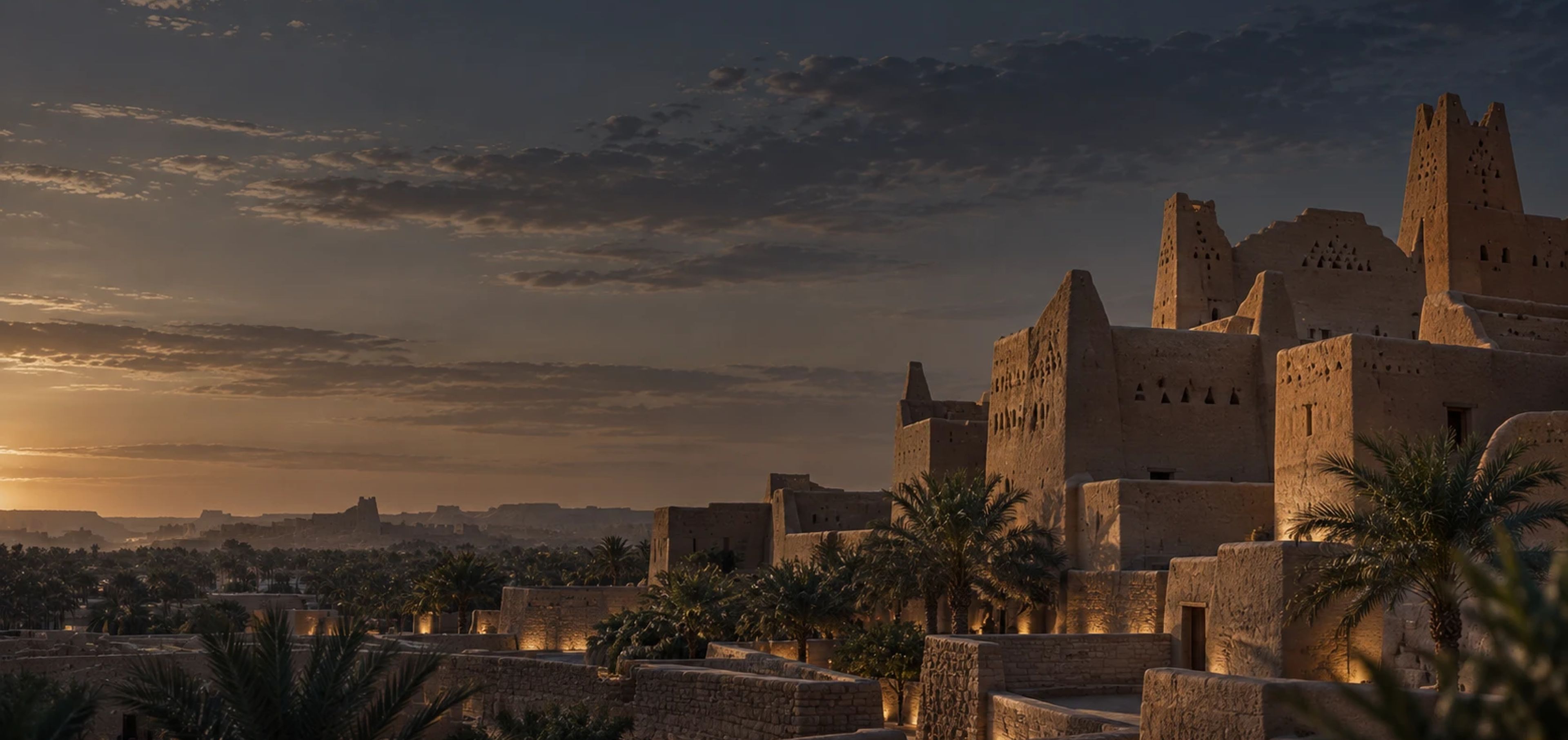 Traditional mud-brick architecture and palm groves at dusk, softly lit against a darkening sky.