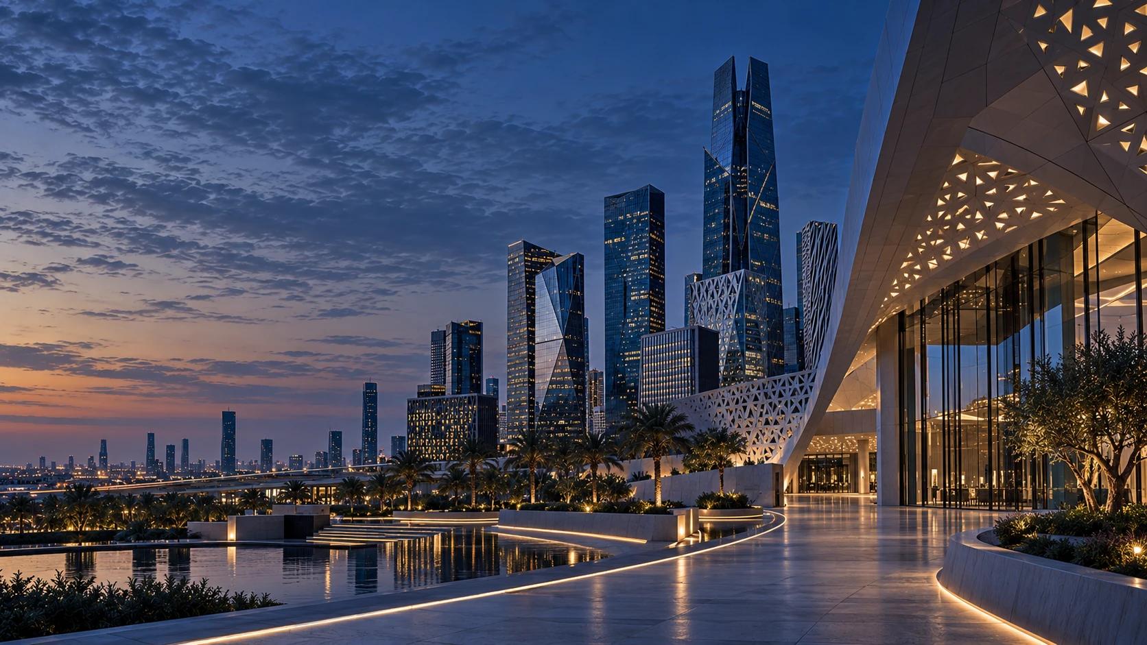 An illuminated lattice-clad walkway and reflecting pool in Riyadh’s King Abdullah Financial District at blue hour.
